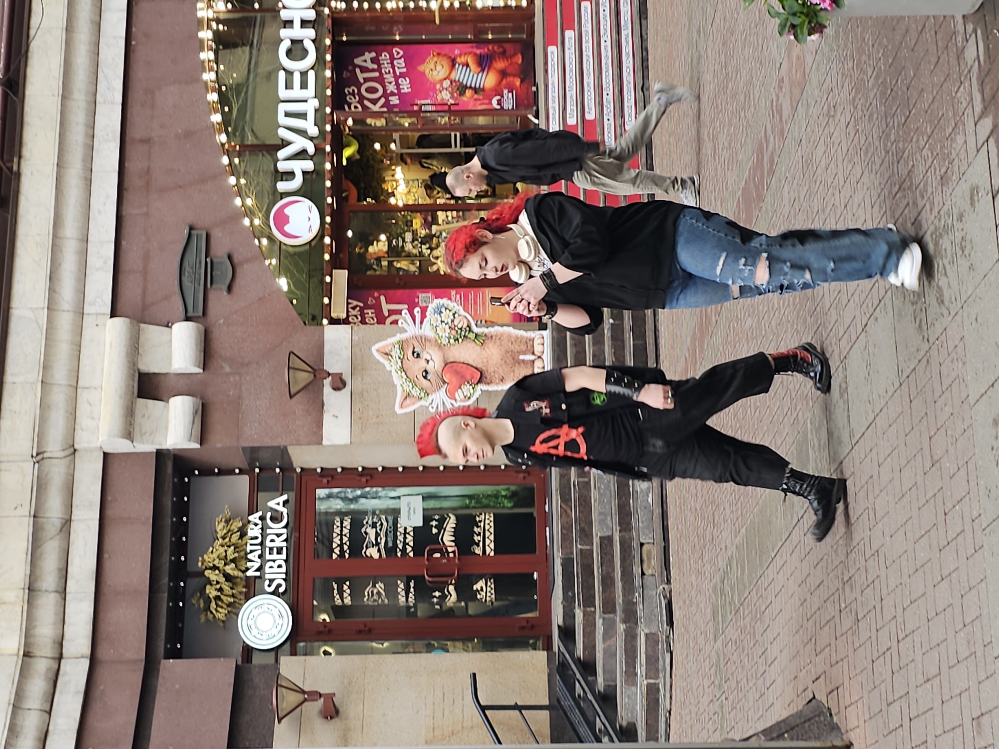 The image captures a street scene in Moscow, Russia, likely on a pedestrianized walkway adjacent to commercial establishments. In the foreground, two individuals with punk-inspired fashion are walking. The person on the left has a red mohawk, wears a black t-shirt with a red anarchy symbol, a black vest, and black pants tucked into combat boots. They are looking to the right. The person on the right has bright red hair, wears a black hoodie over a white top, ripped blue jeans, and white sneakers, and is holding a smartphone up, seemingly taking a picture or video. They are wearing large white headphones around their neck.
In the background, two storefronts are visible. The left storefront features a sign that reads "NATURA SIBERICA" with a circular logo. The right storefront has a prominent sign with a pink cat logo and Cyrillic text that appears to translate to "WONDERFUL" or "MIRACULOUS." Further signage on the right storefront includes Cyrillic text related to cats and their importance. Decorative lights are strung above the entrance of the right storefront. A man in a dark jacket and light-colored pants is walking away from the viewer in the middle ground, towards the right. Several steps lead up to the entrance of the "NATURA SIBERICA" store. The ground is paved with reddish-brown brickwork. A metal railing is visible to the left of the steps. A decorative planter with green foliage and pink flowers is partially visible in the lower right corner.