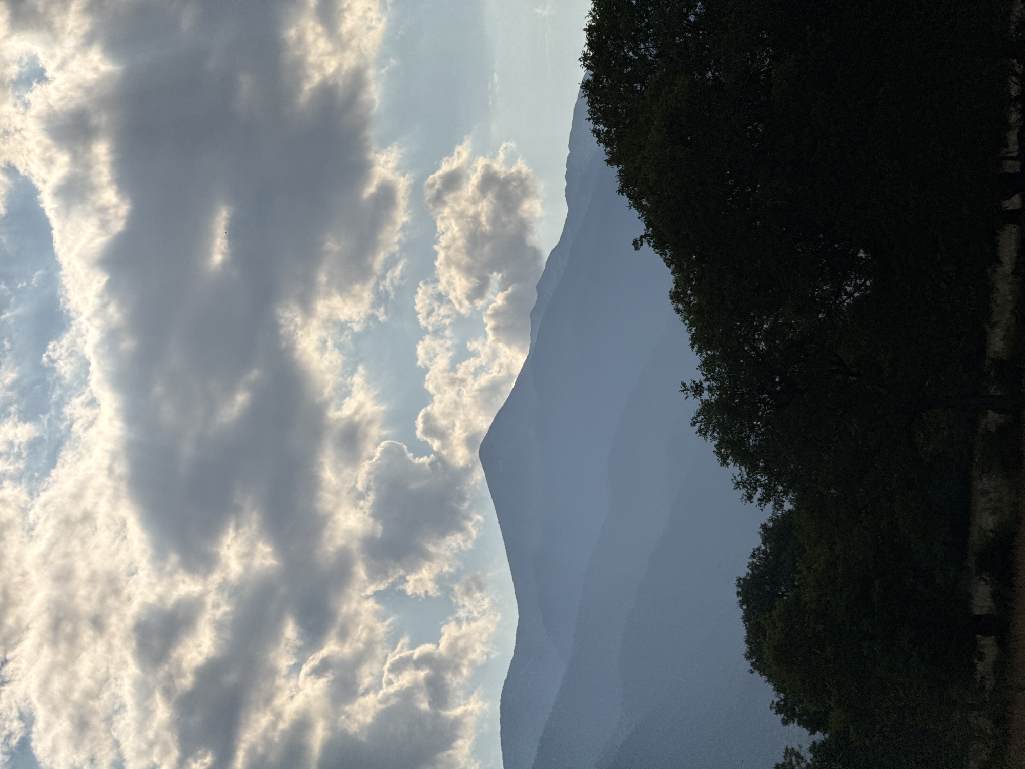 This is a vertical, full-frame photograph of a mountainous landscape under a cloudy sky. The foreground is dominated by a dark silhouette of trees and dense foliage. Behind the trees, layered mountain ranges recede into the distance, depicted in progressively lighter shades of blue, creating a sense of depth. The peaks are soft and rounded, softened by atmospheric perspective. The sky above is a mix of light blue and large, dramatic clouds, some of which are brightly lit by the sun, while others are in shadow. The overall mood is serene and somewhat dramatic due to the contrast between the dark foreground and the illuminated clouds. The scene appears to be located in the vicinity of Bansko, Bulgaria, known for its mountainous terrain and natural beauty.