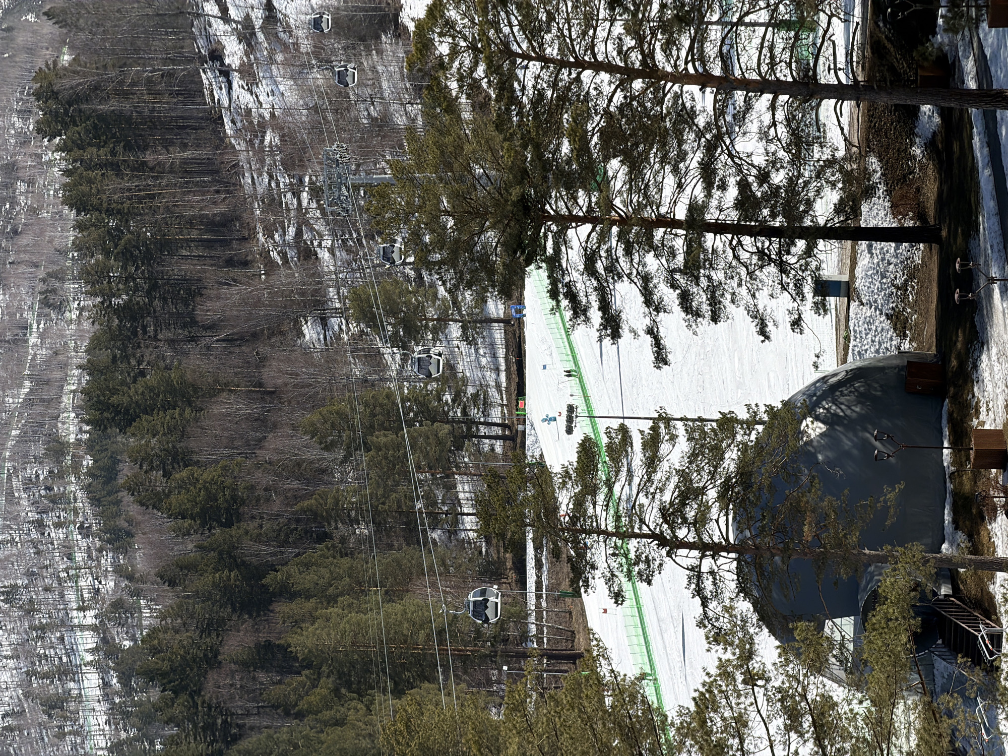 The image shows a ski resort in Озёрное, Russia. A gondola lift carries people up a forested mountain. Skiers and snowboarders are visible on a snow-covered run marked with green fencing. A geodesic dome structure is present near the bottom of the ski run. Trees are in the foreground of the image.