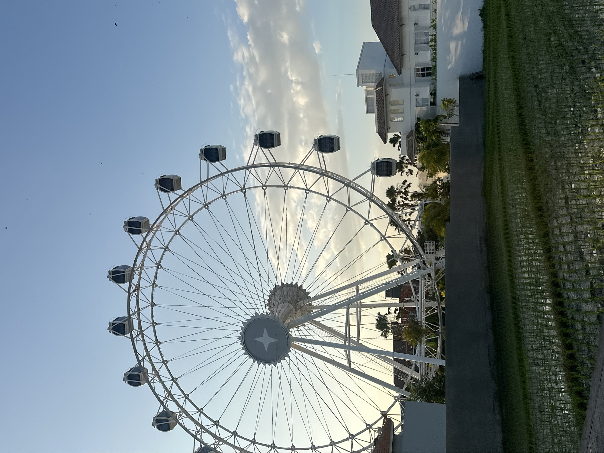 The image shows a large white Ferris wheel dominating the center of the frame against a clear blue sky with scattered clouds. Several enclosed gondolas are attached to the wheel's circumference. In the foreground, there is a partially flooded rice paddy with rows of young green rice plants. Behind the Ferris wheel, there are several modern white buildings with tiled roofs, and palm trees are visible. The scene appears to be set in a tropical location. Based on the architectural style of the buildings and the presence of rice paddies alongside a modern attraction like a Ferris wheel, this location is likely a tourist area within the city of North Kuta, Indonesia, possibly an amusement park or resort.