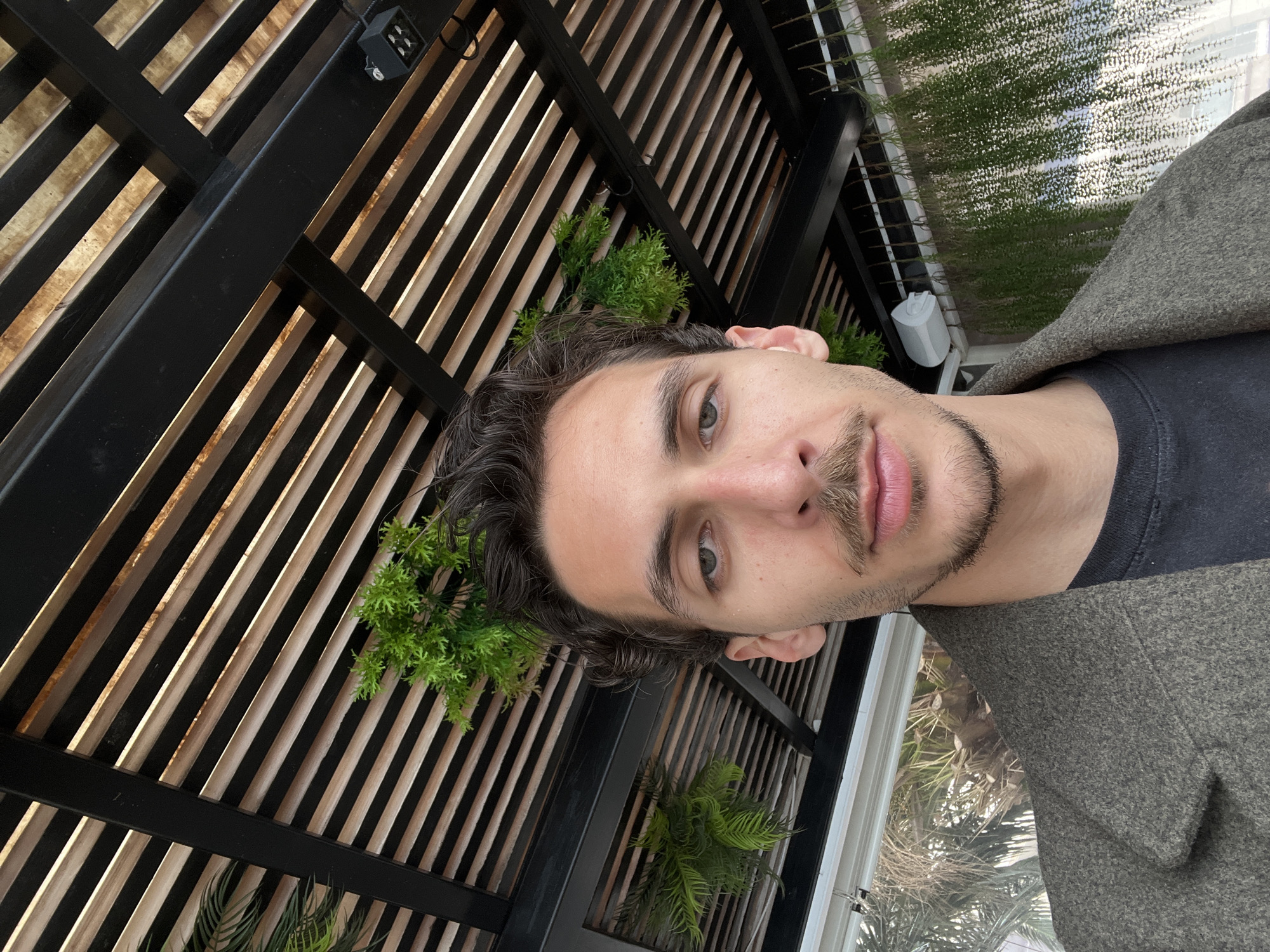 The image is a selfie of a man with dark hair, green eyes, and a mustache. He is wearing a dark t-shirt and a grey jacket. The background consists of a wooden pergola-like structure with black metal supports and slats, interspersed with greenery. Through the gaps in the structure, other greenery and what appears to be a window or building are visible. There is no information suggesting this photo was taken in Budva, Montenegro.