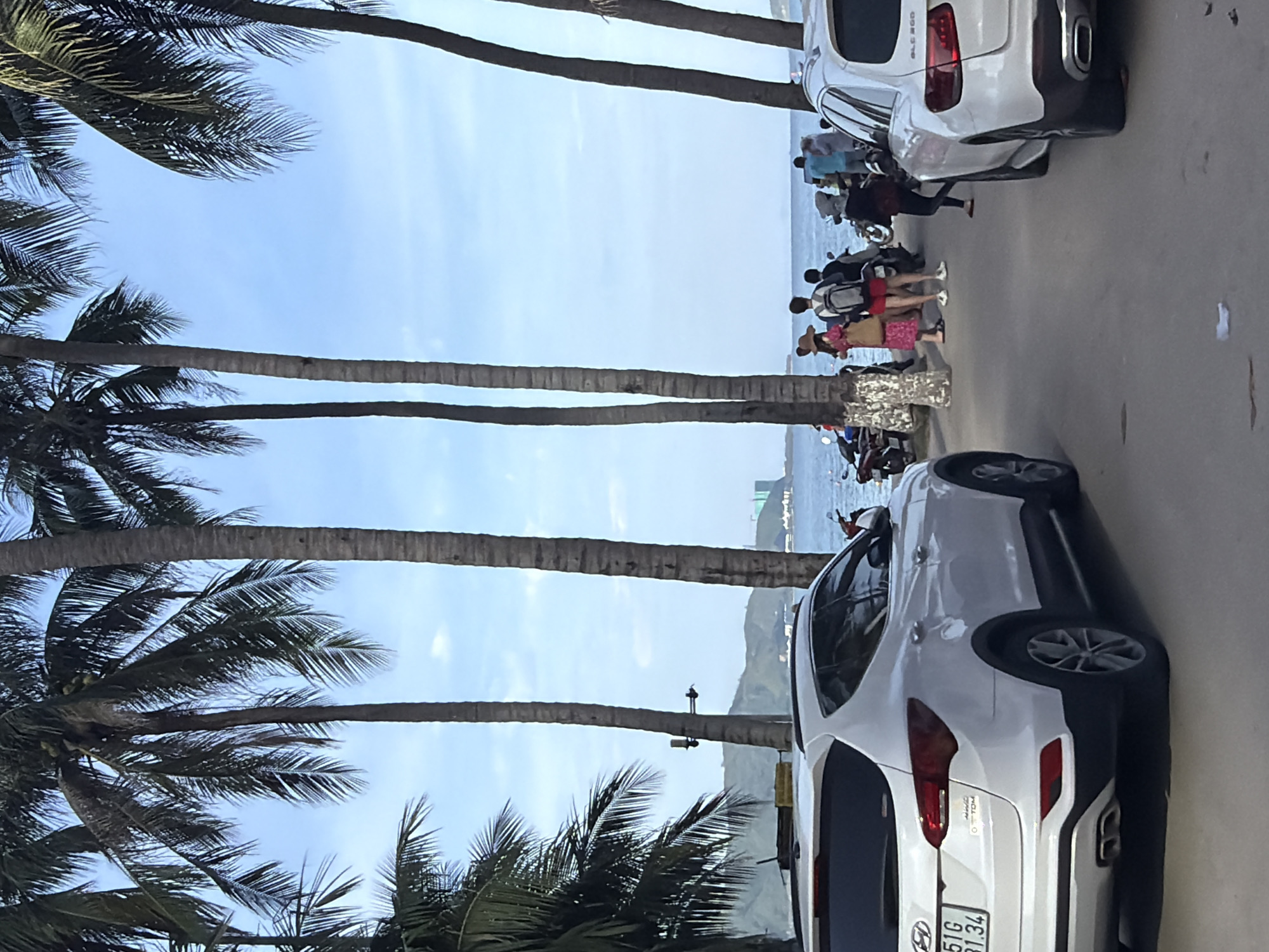 The image depicts a street scene in Bac Nha Trang Ward, Vietnam, likely along a coastal road. Several tall palm trees line the left side of the image, casting shadows on the paved road. In the foreground, two white SUVs are parked. The SUV on the left is a Hyundai Santa Fe, with its rear facing the camera, showing a license plate that reads "51G 31.34". The SUV on the right is a Mercedes-Benz, partially visible from its rear.
Further down the street, a group of people are gathered near motorcycles. One woman in a red dress and a straw hat is visible, as are individuals with backpacks and others in casual attire. The background reveals the ocean, with a hazy coastline and hills in the distance, suggesting a seaside location. The sky is bright and partly cloudy. The overall impression is of a sunny day in a tropical urban environment.