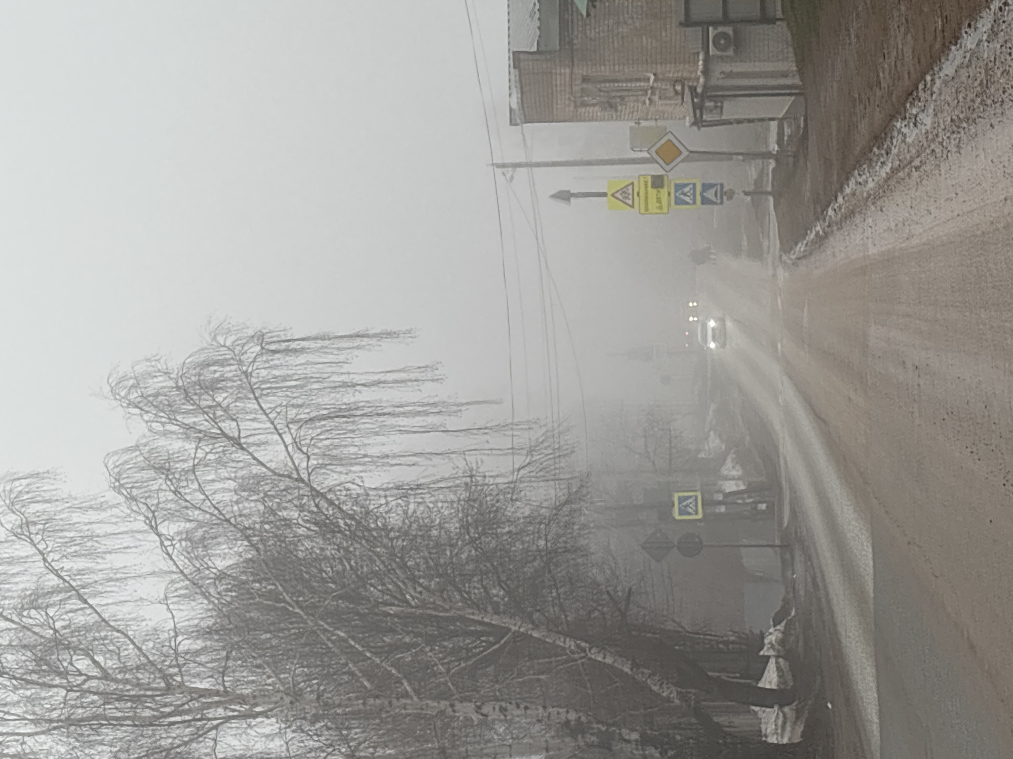 The image depicts a street scene in Фоки, Russia, shrouded in dense fog. A bare tree stands prominently in the foreground on the left, its branches stark against the overcast sky. The road curves gently to the right, its surface appearing wet and possibly icy. Along the roadside, there are street signs, including a pedestrian crossing sign and other unidentified signs, some with Russian lettering. A building is visible on the right side of the road, with an air conditioning unit attached to its exterior. A car's headlights can be seen in the distance, suggesting traffic moving through the foggy conditions. The overall atmosphere is bleak and obscured by the heavy fog.