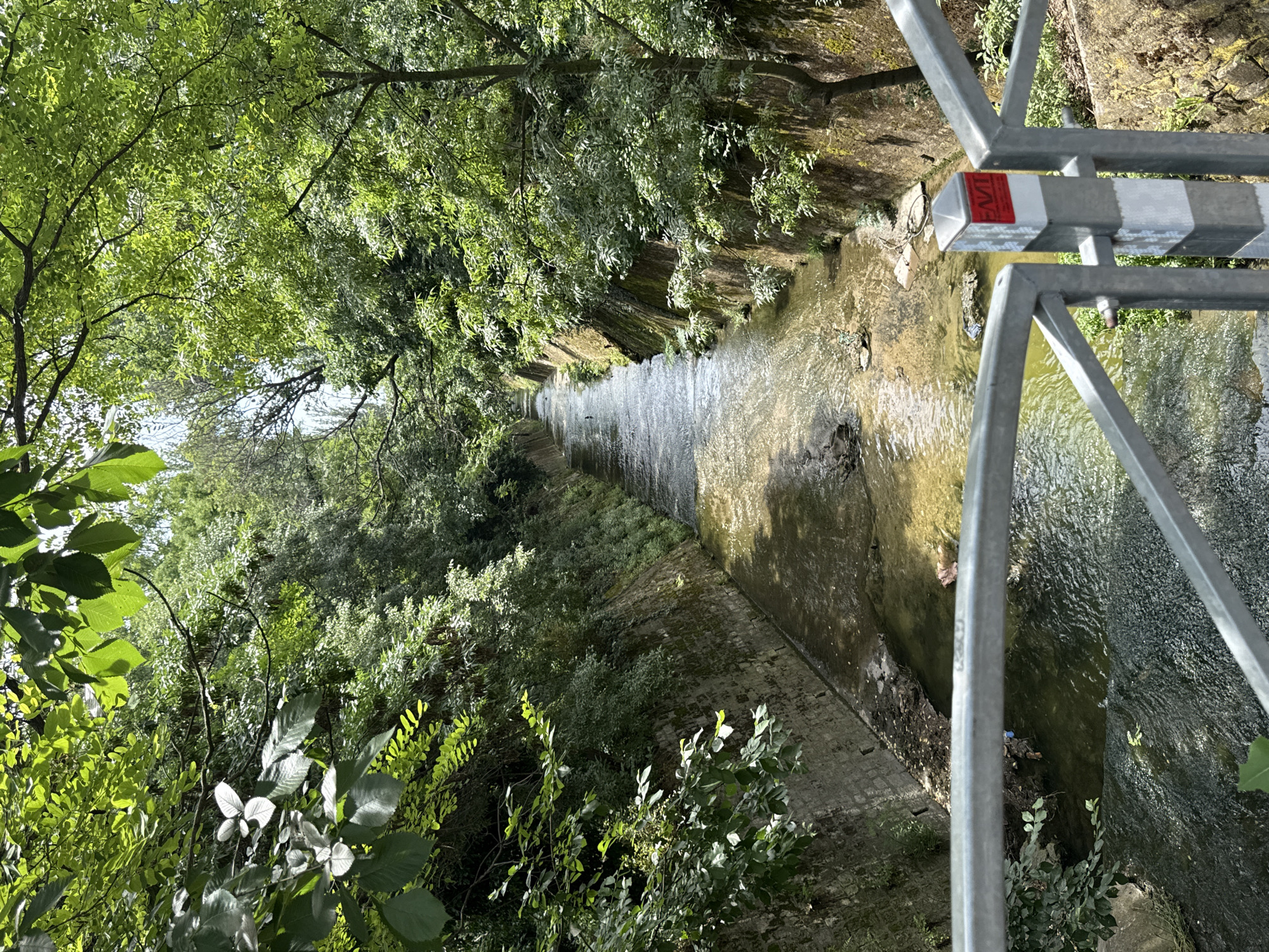 The image shows a narrow, straight canal lined with stone walls overgrown with moss and vegetation. A stream of clear water flows through the canal, with sunlight dappling its surface. Lush green trees and foliage densely cover the canal's banks, creating a shaded, natural tunnel effect. In the foreground, a metal railing with a white and gray striped post is visible, suggesting a bridge or walkway overlooking the canal. A small red and white sticker with some text is attached to the post. The overall impression is a serene, verdant waterway in an urban or semi-urban setting. There are no people visible in the image.