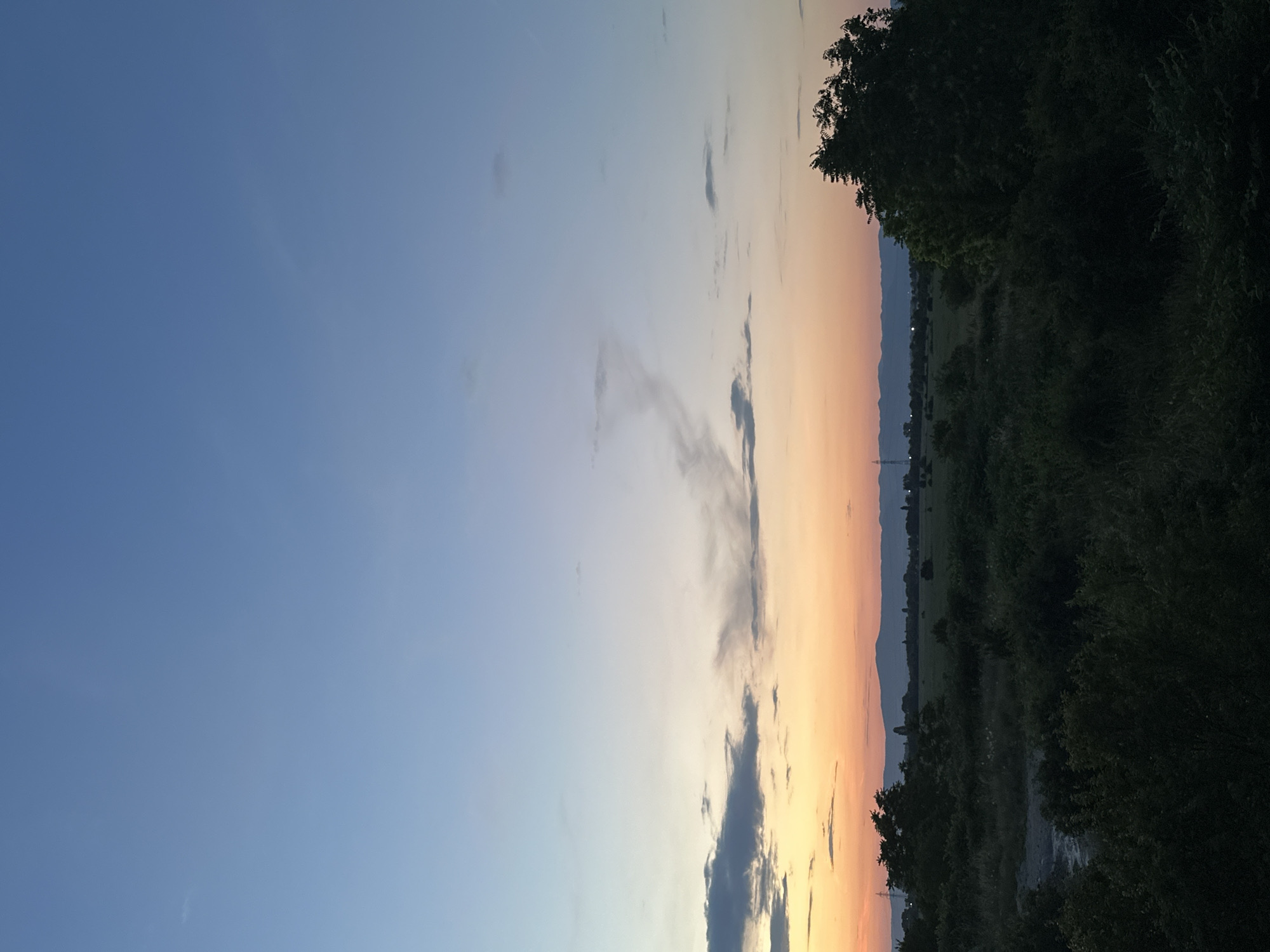 The image depicts a tranquil landscape at dusk, likely on the outskirts of Sofia, Bulgaria. The sky transitions from a deep blue at the top to pale orange and yellow hues near the horizon, indicating the setting sun. Wispy clouds are scattered across the sky, with one notable, thin cloud formation resembling a spiral or a wispy tail.
In the mid-ground, a flat expanse of land stretches towards a distant mountain range, silhouetted against the colorful sky. Scattered across this plain are small clusters of trees and what appear to be structures of a village or town, including what looks like a power line pylon.
The foreground is dominated by dense, dark green foliage, consisting of bushes and trees that obscure the ground immediately in front of the viewer. The lighting suggests it is either early morning or late evening, with the shadows cast by the foliage being deep and pronounced. No people or animals are visible in the image. The overall atmosphere is serene and natural.