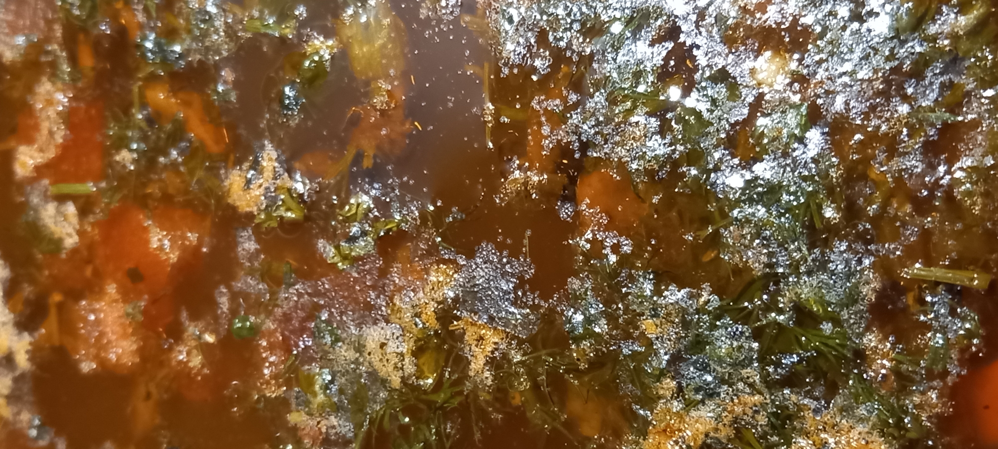 This close-up image, taken from a top-down perspective, depicts food actively cooking in a pot or pan. The primary subjects are various ingredients immersed in a rich, brownish-orange liquid, likely a broth or sauce.
Prominently visible are numerous pieces of orange-colored ingredients, possibly chunks of carrots, pumpkin, or tomatoes, partially submerged. These are interspersed with a generous quantity of leafy green herbs, resembling dill or parsley, which are distributed throughout the dish.
A distinctive feature is the surface of the liquid, which is covered with a multitude of small, glistening white or silvery specks. These particles could be salt crystals, spices, or possibly foam and fat rising during the cooking process, indicating the food is simmering or boiling. The texture of the dish appears hearty and warm.
The image focuses solely on the food, providing no direct visual cues about its immediate surroundings or any people. However, the context suggests this cooking scene takes place in Kryvyi Rih, Ukraine. There is no visible text in the image. The time of day and weather cannot be determined from the content of the photograph.