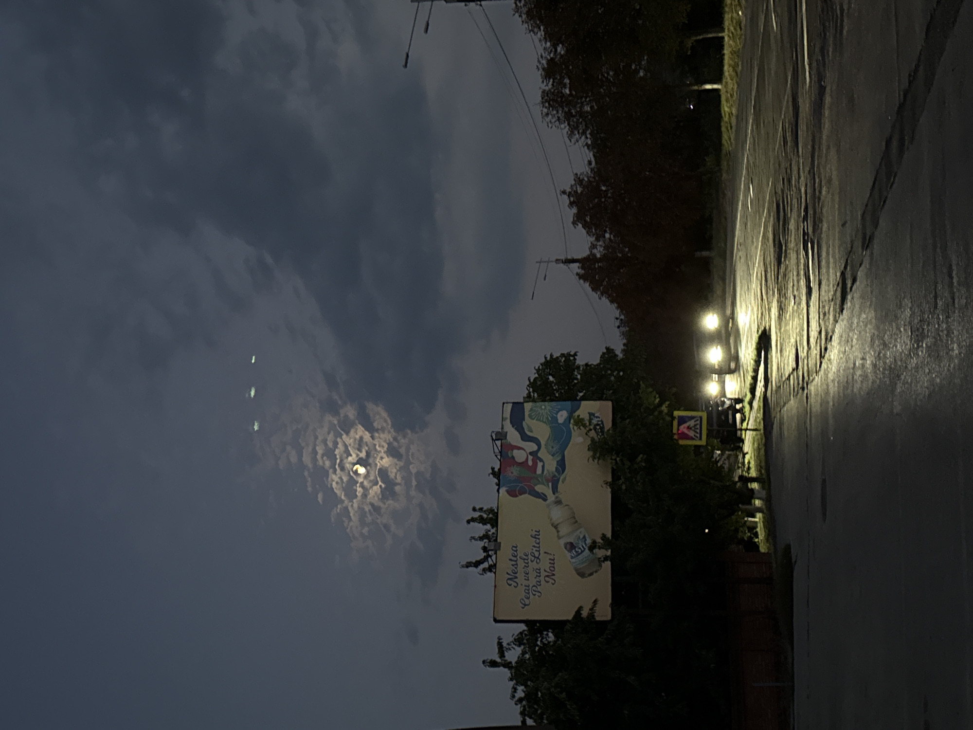 The image depicts a nighttime scene on a street in Ialoveni, Moldova. The sky is dark and cloudy, with a partially visible moon. Several lights are visible in the distance, appearing as small green or white orbs in a line across the upper portion of the sky. A large billboard is situated on the left side of the image, advertising "Nestea Ceai verde fara litchi nou!" (Nestea Green tea with new lychee!). The billboard features an image of a bottle of Nestea and colorful abstract designs.
In the foreground, a wet asphalt road reflects the lights from approaching vehicles. Two cars with their headlights on are visible on the road, moving away from the viewer. A pedestrian crossing sign is also present on the right side of the road. Trees line the sides of the street, their foliage dark against the night sky. The overall atmosphere is one of a quiet evening in a semi-urban or suburban environment.