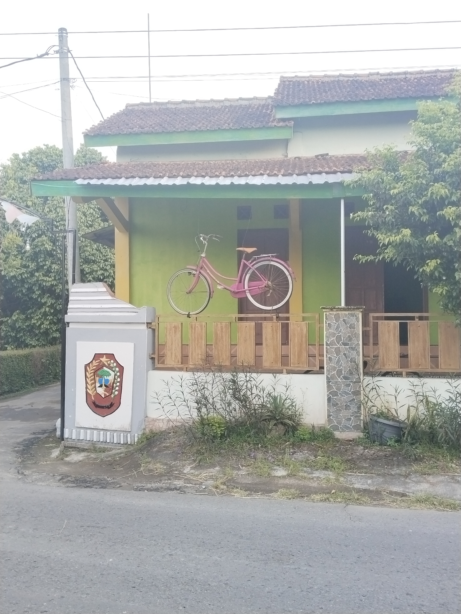 This full-shot image captures the facade of a residential house in Bangsri, Indonesia, seen from a paved road. The house features light green and light yellow exterior walls with a brown tiled roof and green trim. A covered porch or veranda extends across the front, supported by columns and enclosed by wooden railings.
A notable object on the porch is a pink vintage-style bicycle with white wheels, suspended in mid-air from the porch ceiling. Two dark, wooden-paneled doors are visible on the porch wall behind the bicycle and railings. The porch pillars are clad with stone tiles in a mosaic pattern.
To the left, a grey concrete gate pillar stands prominently, adorned with a colorful, shield-shaped emblem. The emblem depicts a tree, a mountainous landscape, stars, and what appears to be stalks of rice and cotton, all bordered by red and brown hues. This emblem likely represents a local governmental or community body.
Surrounding the house are lush green trees and bushes, suggesting a verdant environment. A concrete utility pole with power lines runs vertically on the far left of the frame. The foreground shows a grey asphalt road, and the area between the road and the house features patches of grass, weeds, and some larger plants, along with a visible dark gray planter on the right.
The scene is static, devoid of people or discernible activity, presenting a quiet residential street view. The lighting suggests daytime, possibly early morning or late afternoon, with soft, diffused light. No clearly legible text is visible in the image.