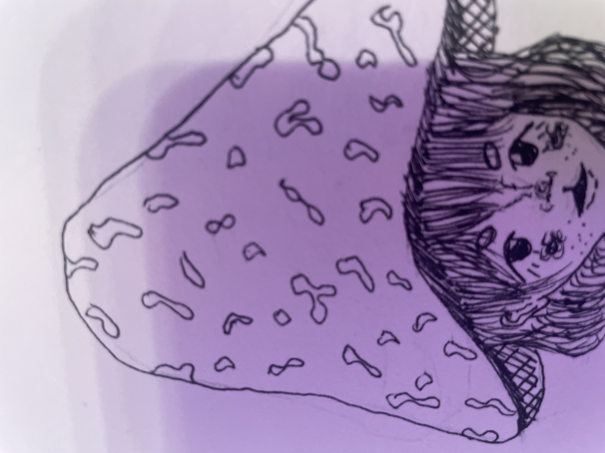 The image is a close-up, hand-drawn sketch of a person wearing a large mushroom-shaped hat. The hat is a light purple color with darker purple, irregular spots. The person's face is visible beneath the hat, with dark, hand-drawn hair. They have large, dark eyes, a small nose, and a small mouth. There are freckles drawn on their cheeks and under their eyes. The drawing has a somewhat sketchy and unfinished quality, with some areas appearing more rendered than others. The background is a gradient of light purple to white. There is no discernible information in the image to associate it with the city of Sinyavino, Russia, or any specific location. The image depicts a single subject in a stylized artistic representation.