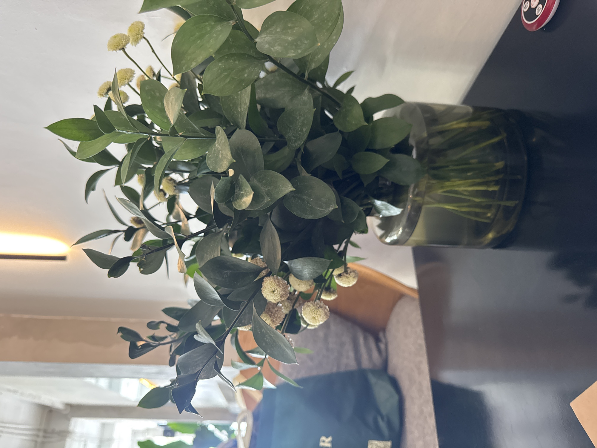 A vase of greenery and small, round, cream-colored flowers sits on a dark surface. The photo was likely taken indoors during the day. The environment suggests a casual setting. Based on the location, it is assumed to be in Kuta Selatan, Indonesia.