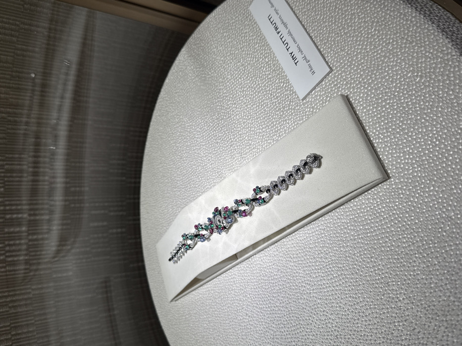 A vibrant and intricately designed piece of jewelry, possibly a bracelet or a watch, is prominently displayed in what appears to be a museum or high-end jewelry store in Paris, France. The ornate piece lies on a rectangular, off-white cushion, which is part of a larger textured display stand. The jewelry itself is crafted from what the accompanying text identifies as white gold, adorned with a dazzling array of small, polished gemstones including rubies (red), emeralds (green), sapphires (blue), and diamonds (clear/white), along with black onyx. Its design is fluid and curvilinear, featuring alternating sections of different colored stones and diamond-encrusted elements, with a slightly more elaborate central section.
To the upper right of the jewelry, a small white information card is visible. The text on the card reads: "TINY TUTTI FRUTTI" and details the materials: "White gold, rubies, emeralds, sapphires, onyx, diamo" (presumably "diamonds," with the last part cut off). The background of the image is dark and somewhat reflective, suggesting the item is enclosed within a glass display case, with subtle vertical lines from reflections. The lighting appears focused on the jewelry, accentuating its sparkle and colorful details against the neutral display.
