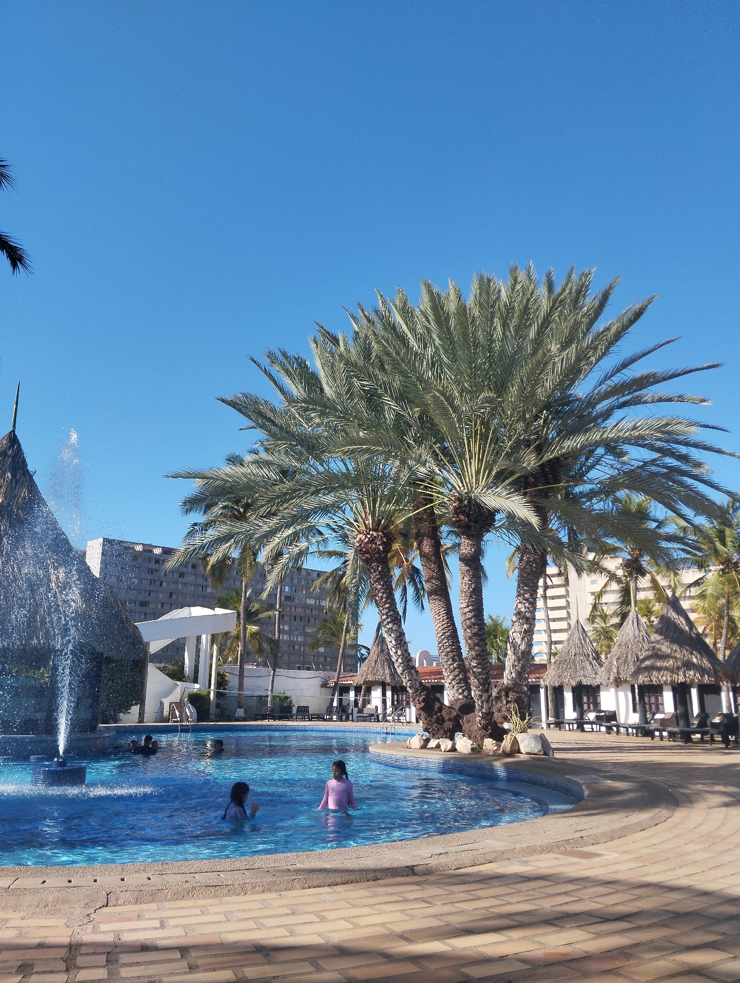 The image depicts a sunny, tropical scene in Porlamar, Venezuela. In the foreground is a kidney-shaped swimming pool with multiple individuals in the water, two of whom are young girls. A fountain covered in thatched roof sits on the left side of the pool. The pool's edge is paved with light brown bricks.
Several palm trees are positioned around the pool, providing shade. Beyond the palm trees, there are a series of thatched-roof cabanas or huts lined up along a pathway. A white, modern building structure with an open archway is also visible, as are several multistory buildings in the background. The sky is clear and bright blue.