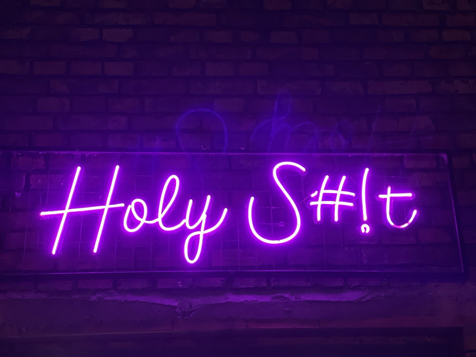 A neon sign reading "Holy S#!t" is mounted on a brick wall. The neon tubing is a vibrant purple-pink. The sign appears to be in a rectangular frame, also dark-colored, which is affixed to the wall. The brick wall is textured and has varied shades of purple and brown. There is graffiti faintly visible on the brick wall above the sign. The image has a dark, somewhat shadowed quality. The location is not discernible in the image.
