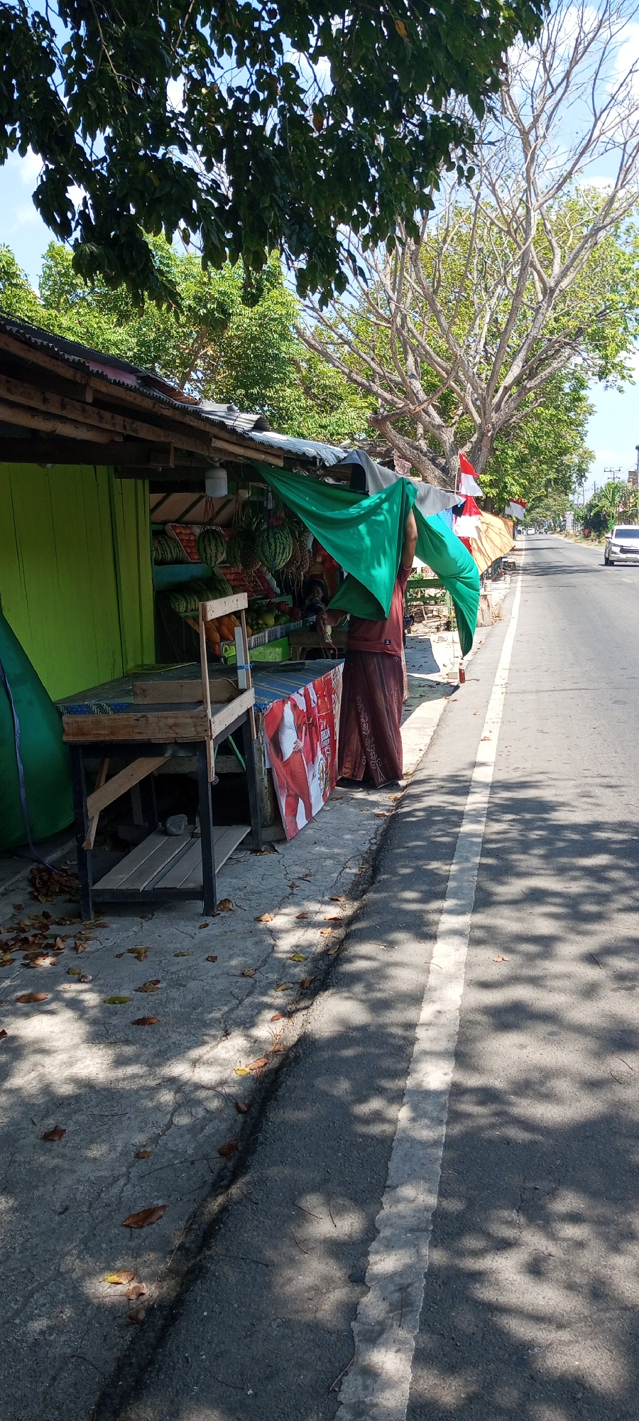 A roadside fruit stand is depicted under a shelter with a corrugated metal roof. The stand displays watermelons, pineapples, and other fruits. A person, partially obscured by a green cloth they are holding overhead, stands behind the fruit display. The stand is situated along a paved road with a white line marking its edge. In the background, trees with sparse foliage and leafless branches are visible, along with Indonesian flags. The ground in front of the stand is concrete, scattered with fallen leaves. The scene appears to be outdoors in a tropical or subtropical environment.