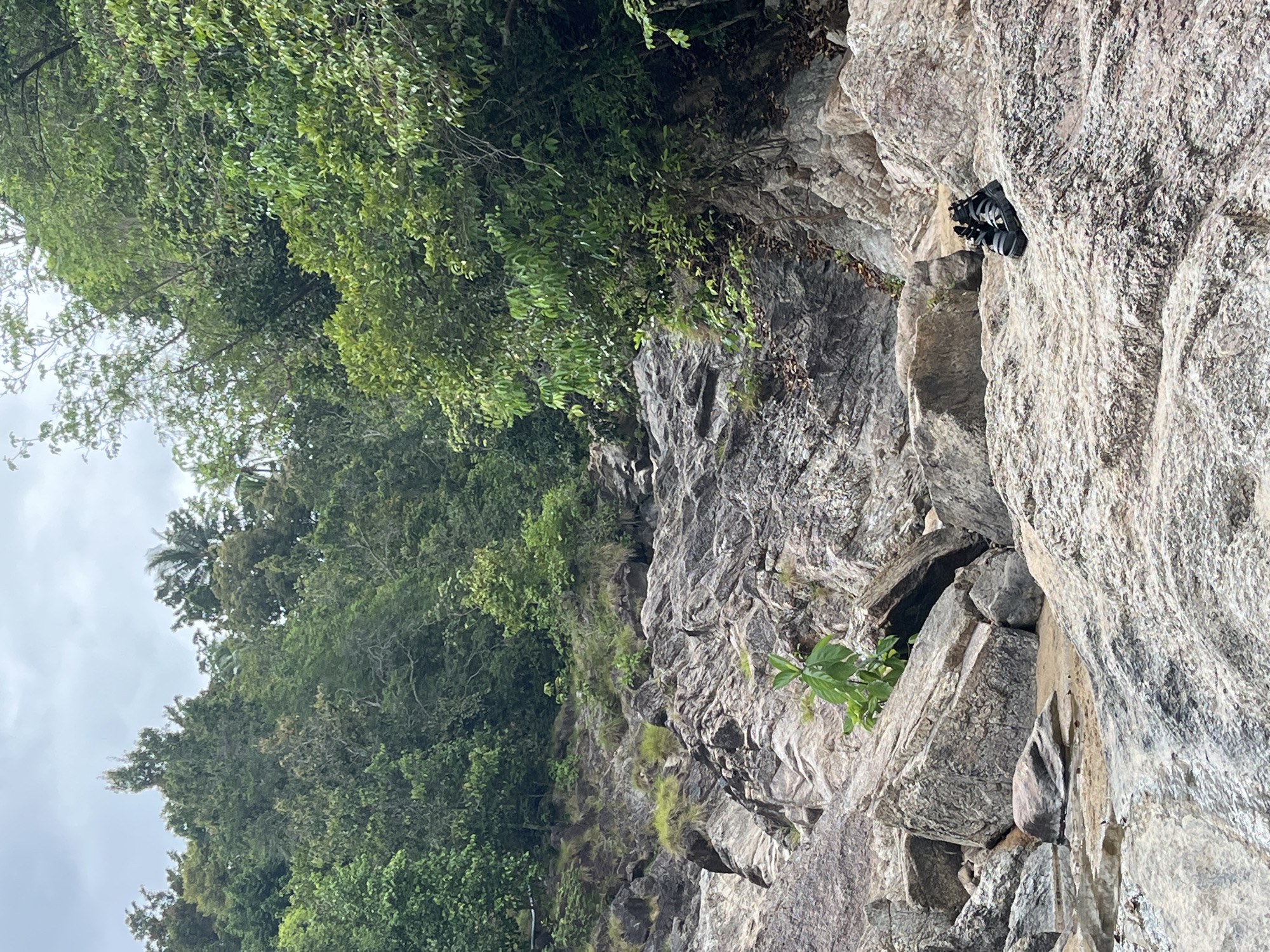 A pair of black hiking boots with gray laces sits on a large, textured gray rock in the foreground of a rocky, wooded hillside. The boots are facing forward, with the laces tied. In the background, the hillside is covered in lush green trees and foliage, with a cloudy sky overhead. The rocks are varied in size and shape, with some smaller rocks and patches of grass interspersed among them. A small stream or pool of water is visible to the left of the boots, reflecting the sky and surrounding rocks. The overall impression is one of a natural, outdoor environment, likely a hiking trail or a scenic natural area.