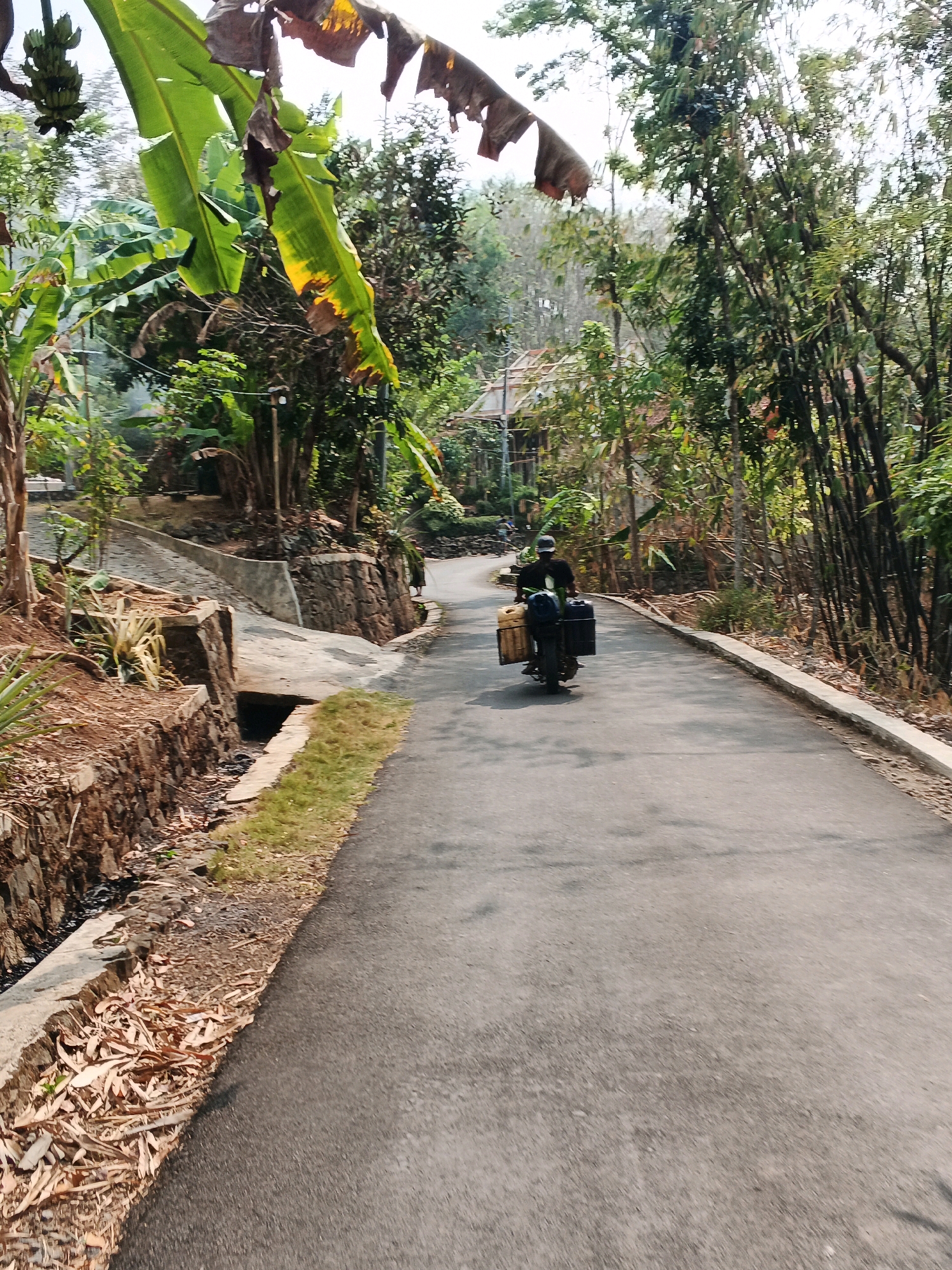 A person rides a motorcycle on a paved road surrounded by lush green vegetation and trees in Keleng, Indonesia. The motorcycle is loaded with two black boxes and one wooden crate. The road curves to the left, and a ditch with dry leaves is visible along the right side of the road. In the background, there are more trees, some houses with thatched roofs, and a cluster of banana trees. The scene is illuminated by natural daylight, suggesting it is daytime.