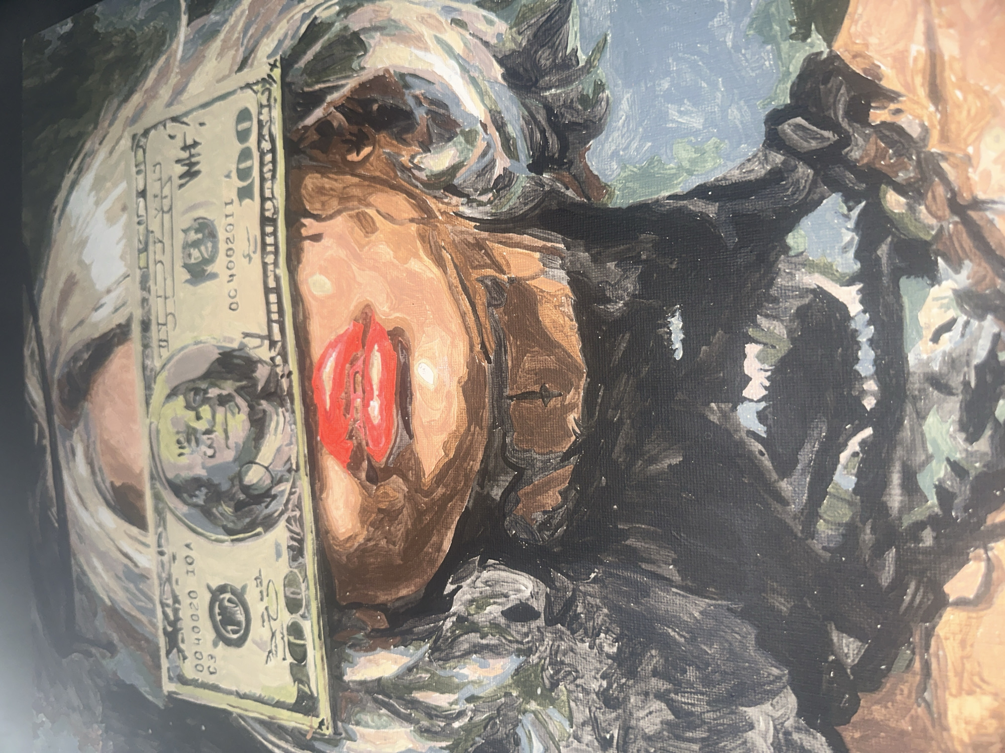 The image is a close-up, rotated view of a painting. The subject appears to be a person's face, partially obscured by a $100 bill placed vertically over the left eye. The person has fair skin, light-colored hair, and red lipstick. The rest of the face is rendered in shades of brown. The painting style is impressionistic, with visible brushstrokes. The background is a mix of dark and light tones, possibly representing hair or foliage. The serial number of the bill is OC 4002011A. The location of Высокий, Russia, is not relevant to the content of the image, as it only depicts a painting.