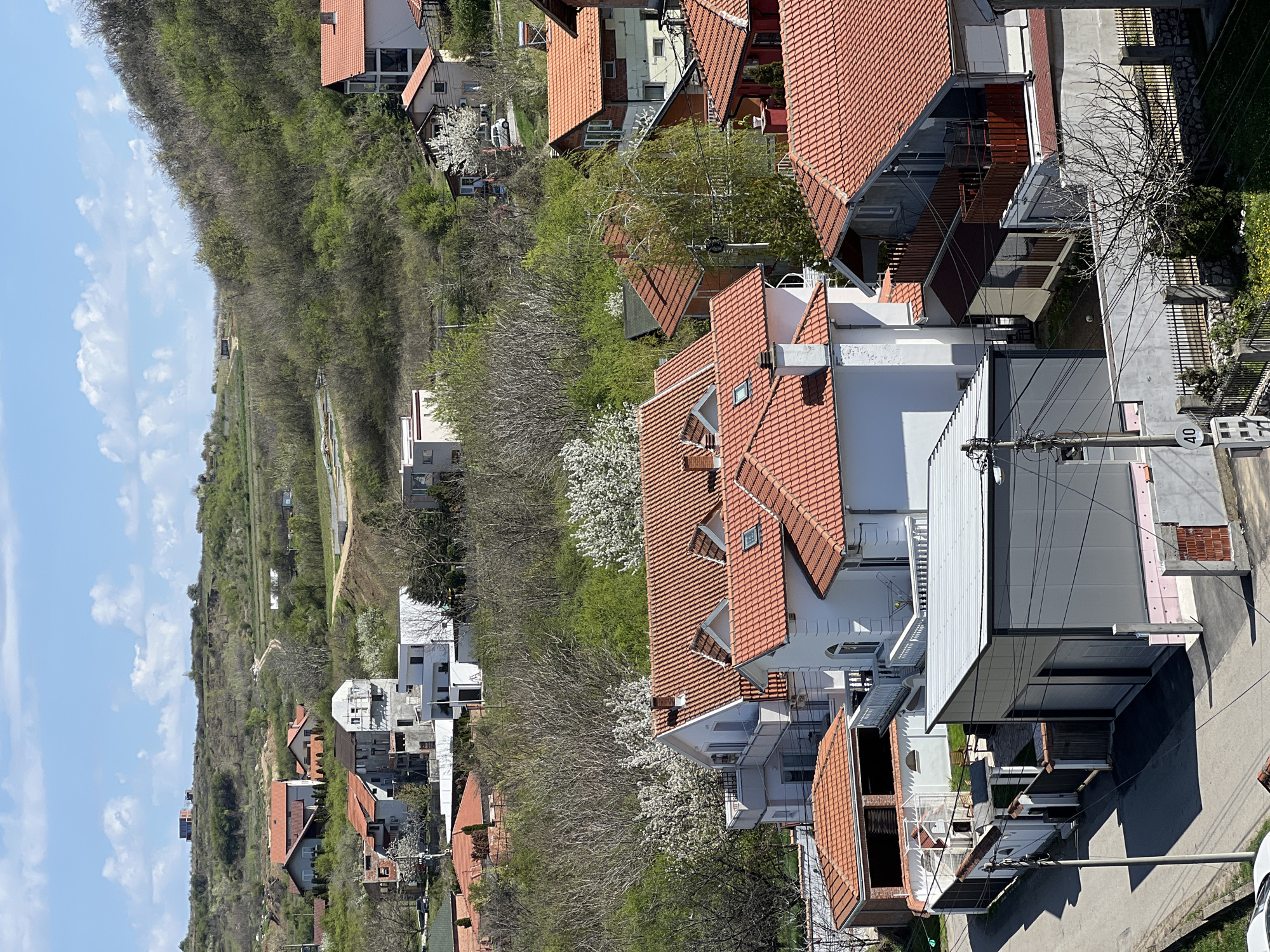 The image shows a residential area in Palilula Urban Municipality, Serbia. The scene captures a hillside dotted with houses, primarily featuring red-tiled roofs. The vegetation is a mix of bare trees and greenery, possibly indicating early spring. Modern homes with flat roofs and architectural details are visible closer to the viewer, along with infrastructure elements like power lines and a speed limit sign. In the background, a pathway or road winds along the hillside. The sky is blue with some clouds.