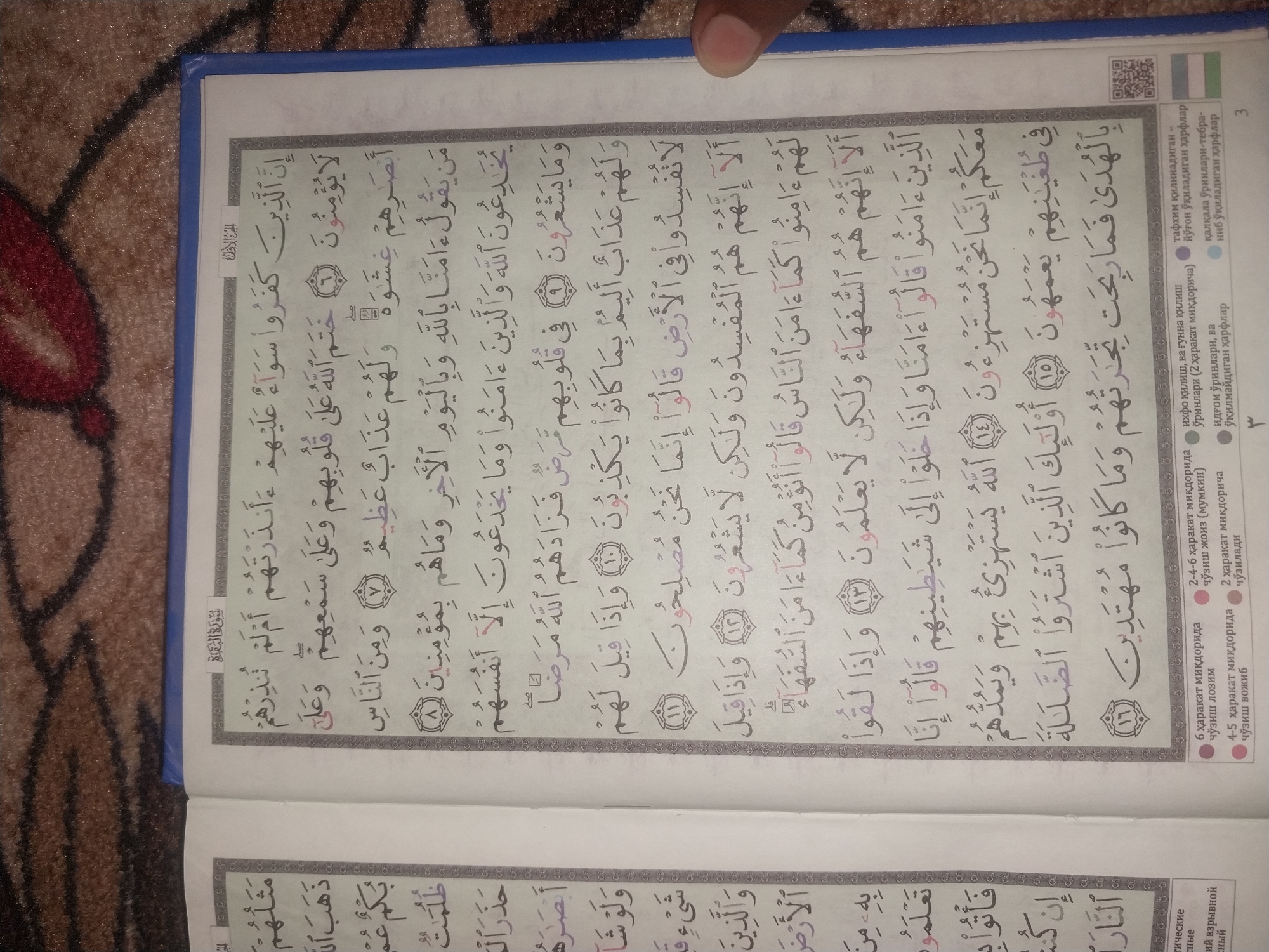 This image shows an open Quran, with Arabic text printed in black ink on aged paper. The Quran is lying flat on a brown, patterned surface, possibly a carpet or textile. A blue binder or cover is visible on the right side of the image, indicating that the book is part of a larger volume or collection. There are no people or any other discernible objects in the image besides the Quran and the surface it rests upon. The location in the city of Blagoveshenka, Kyrgyzstan is not depicted or suggested by any visual elements in the image.