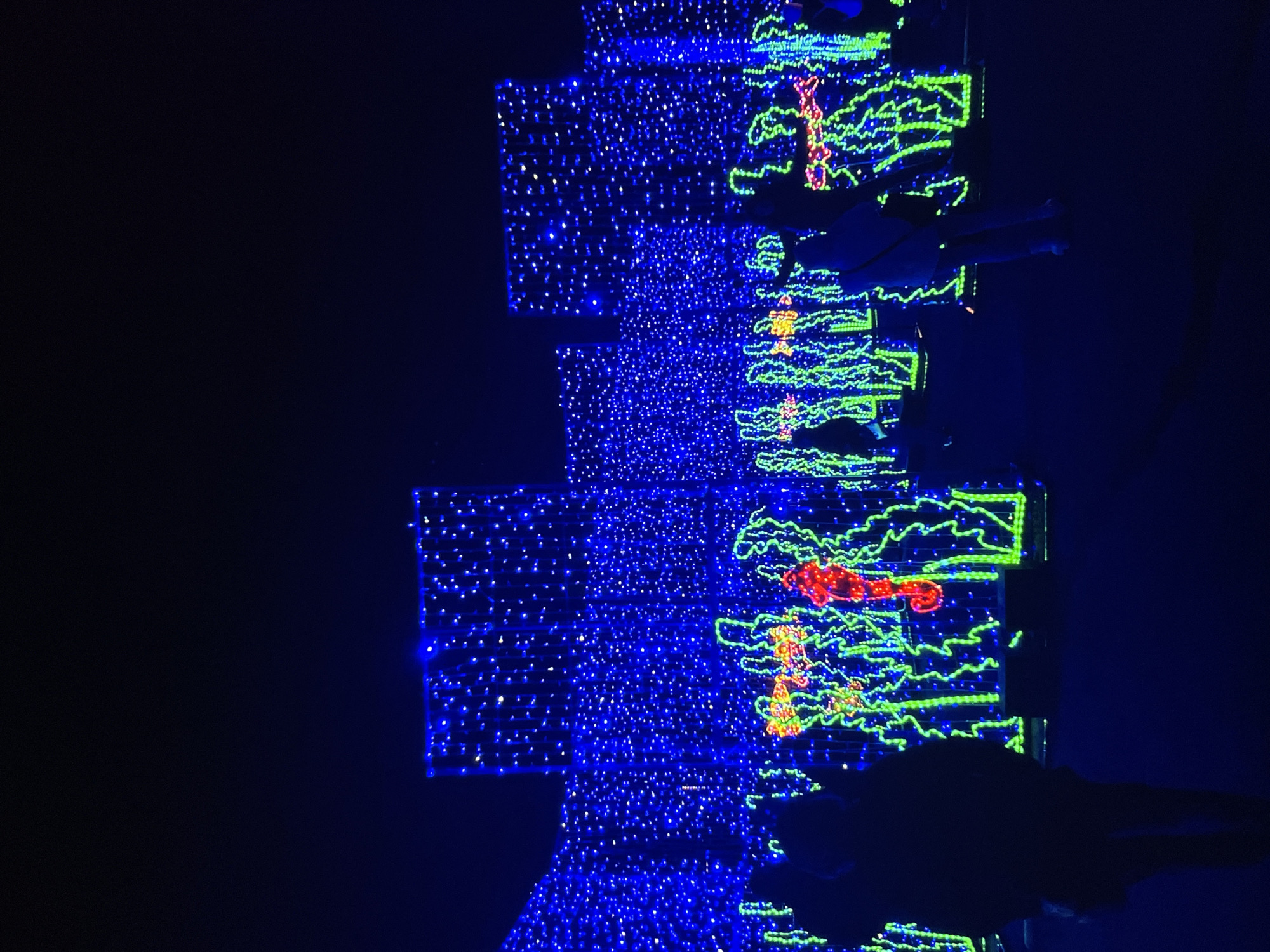 The image shows a nighttime scene in Unknown, Unknown, featuring illuminated displays. On the right, there is a vertical structure outlined in green and yellow lights, with some red elements within the design. To the left of this structure, there are areas densely covered in blue lights arranged in a grid-like pattern, possibly forming square or rectangular shapes. The background is predominantly dark, suggesting a night setting. The image also captures silhouettes of people or objects in the lower right corner, but the details are indistinct.