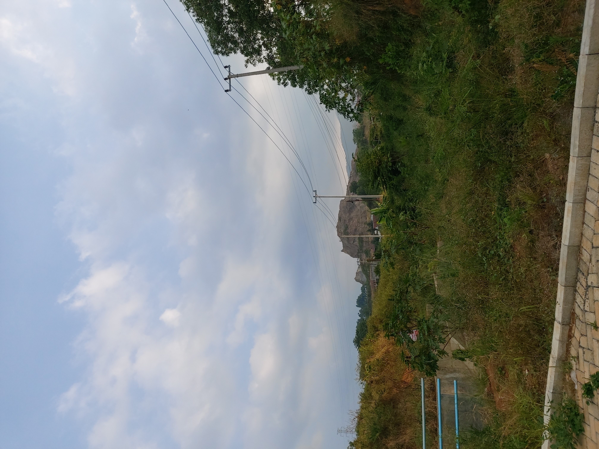 The image depicts an outdoor scene with a rocky hill in the background, partially covered by greenery. The foreground features dense vegetation, including tall grasses and bushes, with a paved walkway and a concrete curb running along the bottom edge. A blue railing is visible on the left side, adjacent to a concrete structure. Several utility poles with electrical wires stretch across the frame, with trees on the right side. The sky is overcast with scattered clouds, suggesting a daytime scene. The location is identified as Bandar Lampung, Indonesia.