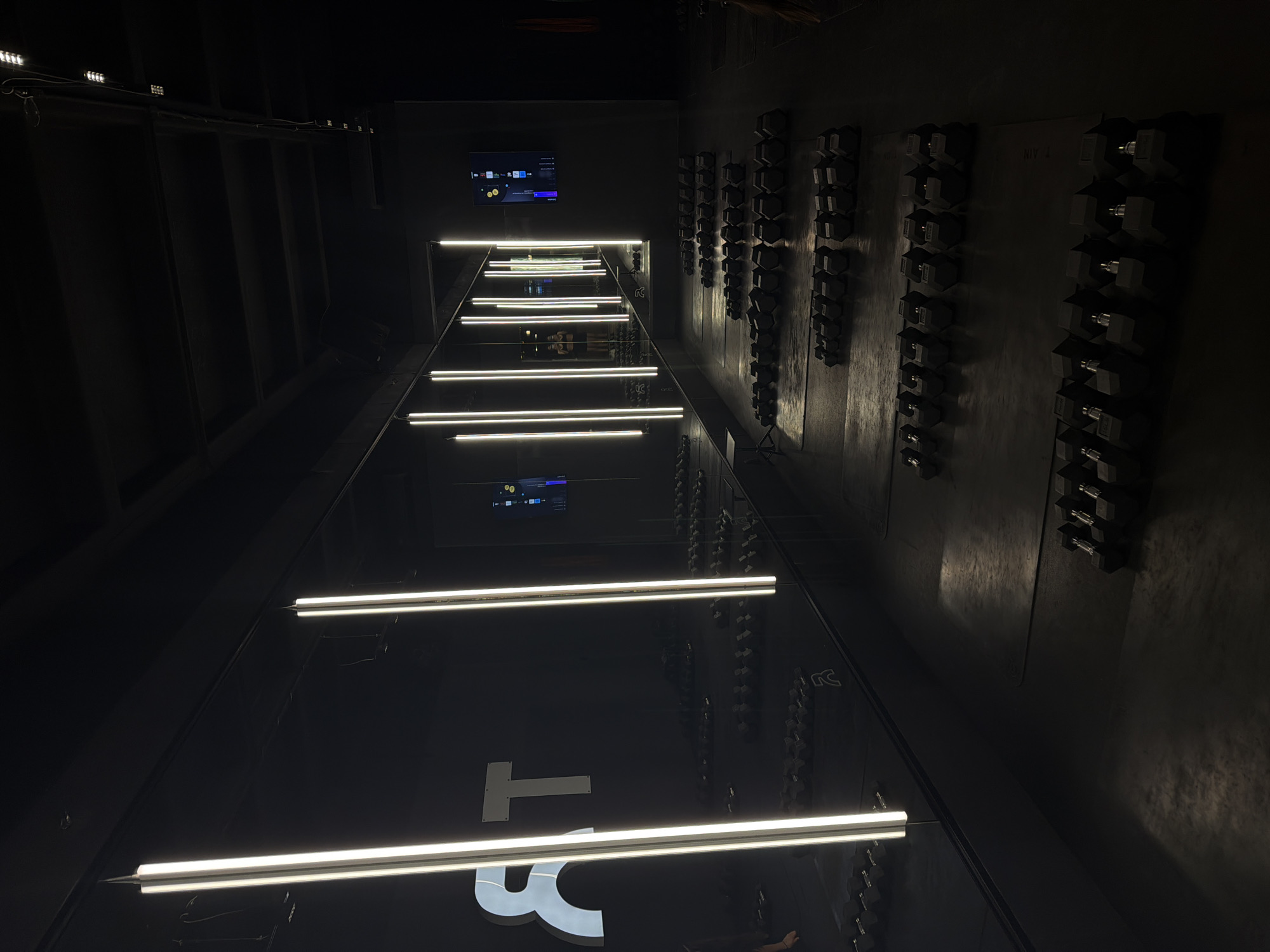 A dimly lit gym interior is visible. Racks of dumbbells line a wall on the right. The left side features a large mirror reflecting the gym's interior, including a series of horizontal fluorescent lights on the ceiling. The letter "R" is visible in the lower-left corner, possibly part of a logo. A television screen hangs high on the back wall, displaying what seems to be a menu or data display. The location is a gym somewhere in Puebla, Mexico.