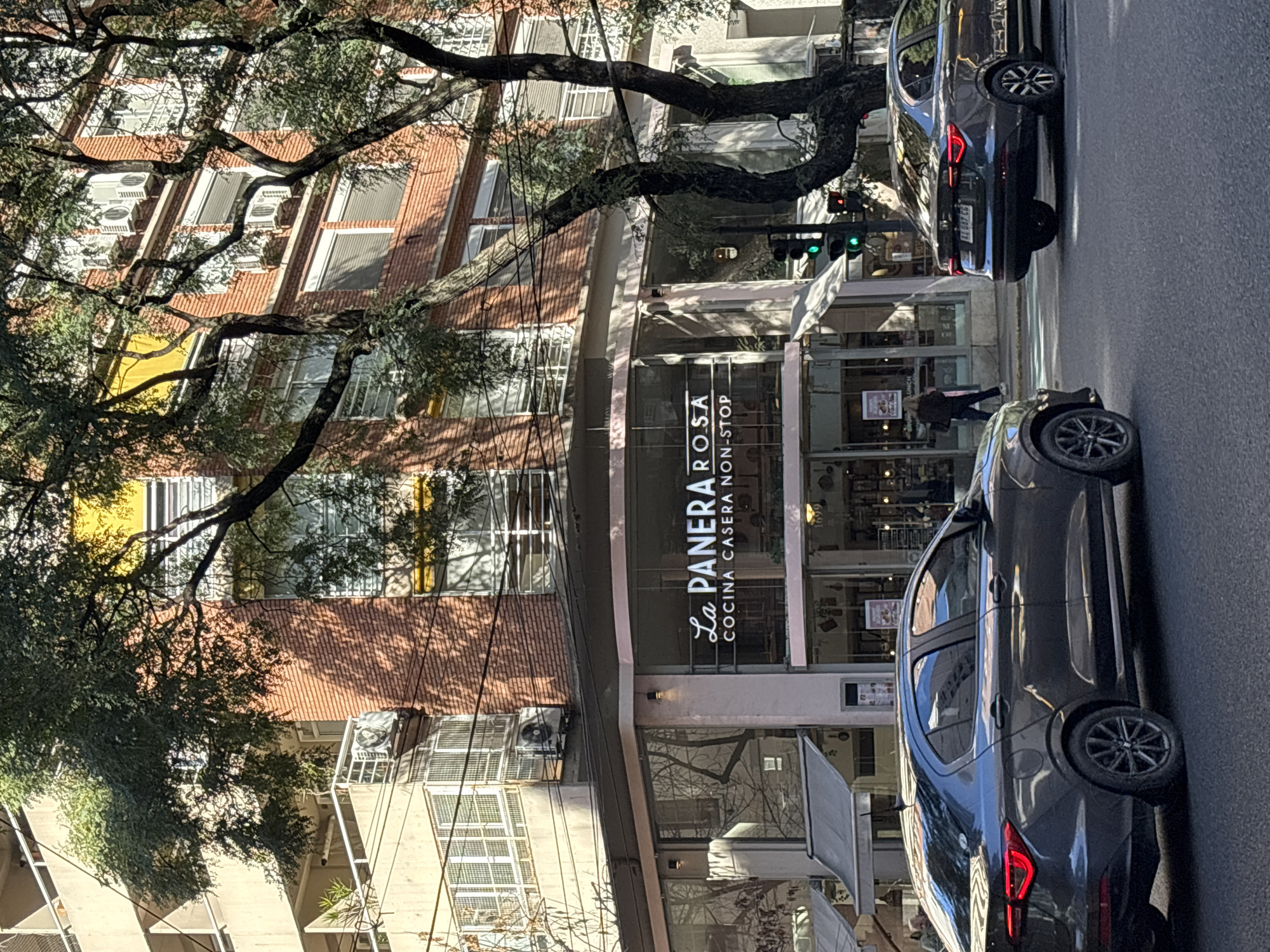 This image shows a street scene in Buenos Aires, Argentina. The building is "La Panera Rosa," a restaurant with a clear glass facade. A street light displays a green light. Two dark-colored cars are parked on the street, facing opposite directions. A person walks in front of the restaurant. The surrounding buildings are multi-storied brick structures with various windows and air conditioning units. A large tree dominates the foreground. The scene appears to be taken during daylight hours.