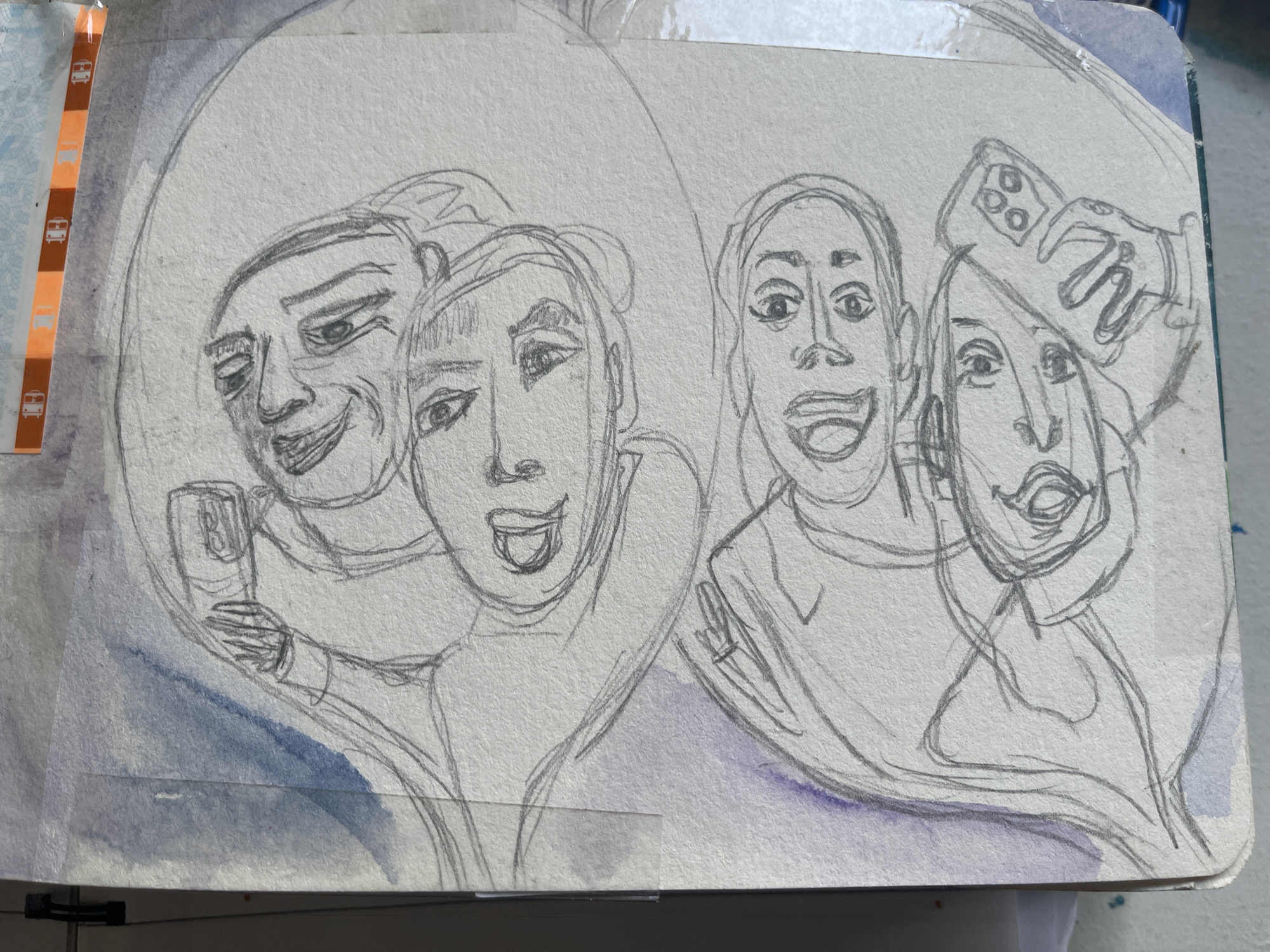 A pencil sketch on watercolor paper depicts four individuals in a group selfie. The sketch is bordered by tape on the left and top, and the watercolor paper is loosely bordered by blue and purple paint strokes. The four individuals' faces are clustered together and facing the viewer. The person on the left is holding a can, and the person on the right is holding a smartphone taking the selfie. The setting is indeterminate. There is no indication of this being in Maidstone, United Kingdom.