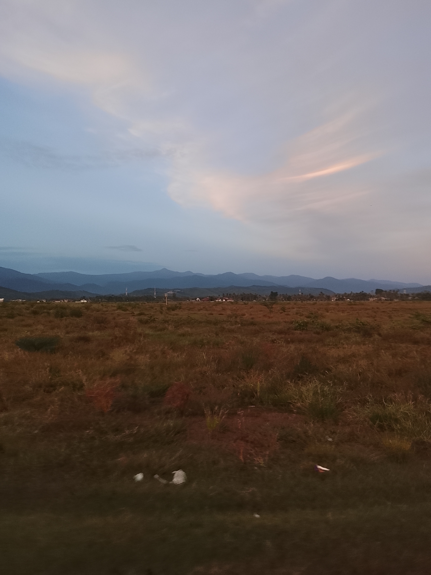 The image depicts a broad landscape scene, likely taken at dusk or dawn, given the soft, muted lighting and the colors of the sky. In the foreground, a field of dry, tall grass stretches across the frame, with patches of brown and darker green vegetation. There are a few small, white objects scattered on the ground in the lower portion of the image.
In the midground, a collection of low-lying structures, possibly buildings or houses, forms a settlement nestled amongst trees. Several tall, slender structures, which appear to be communication towers, are visible within this settlement.
The background is dominated by a range of distant, layered mountains, their silhouettes softened by atmospheric haze and the twilight conditions. The sky above transitions from a pale blue on the left to a lighter, almost white hue on the right, with wispy clouds catching hints of pale pink and orange, suggesting the presence of the setting or rising sun.
The scene is devoid of any identifiable individuals or discernible actions. The environment appears to be rural or semi-rural, with a focus on the natural landscape and a modest human presence. The image is characterized by its expansive view and tranquil atmosphere.