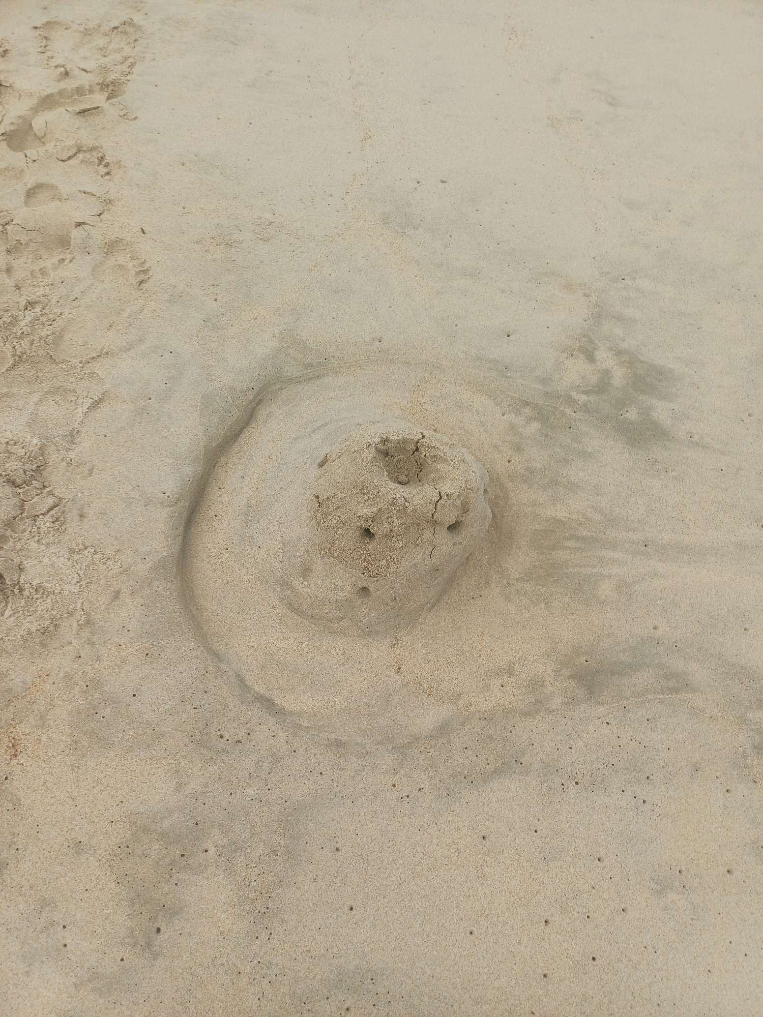 The image shows a small, crudely formed sandcastle on a sandy beach. The sandcastle is roughly conical with several small holes on its surface. There are some footprints and indentations in the sand around the sandcastle, suggesting recent human activity. The beach appears to be relatively flat and the sand is light brown. There are no people visible in the image. The scene is likely located on a beach in Nha Trang, Vietnam, given the context.