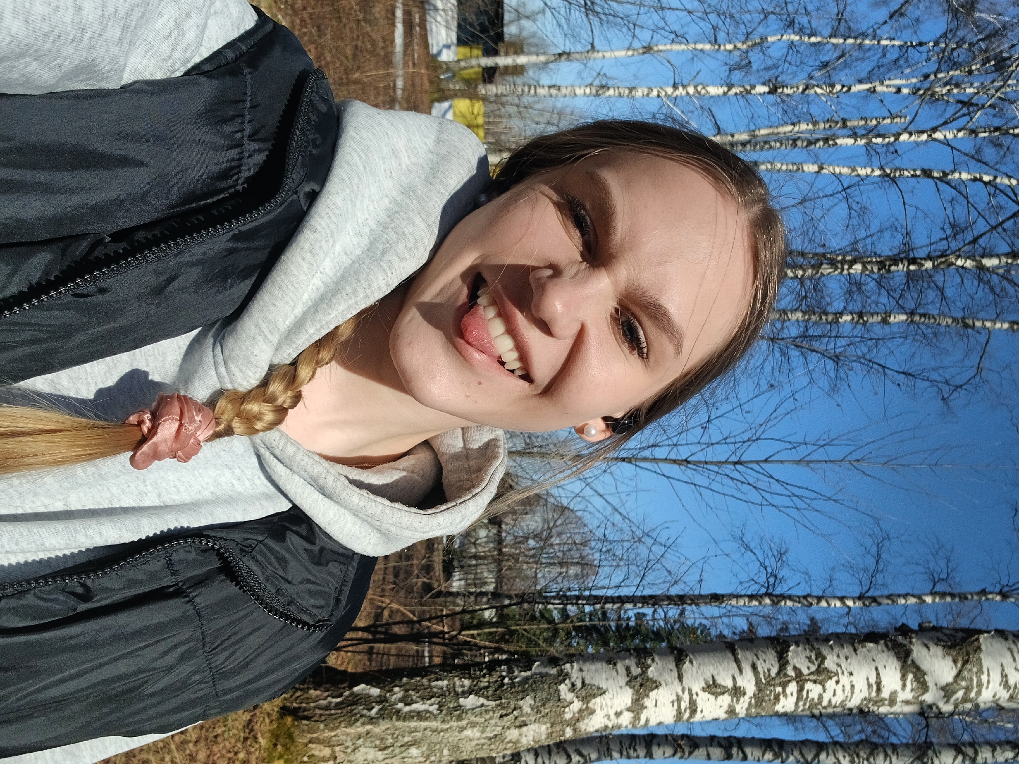 A young woman is depicted in a joyful and playful selfie, her head tilted, looking directly at the camera with a wide smile and her tongue slightly extended. Her left eye is playfully squinted shut, while her right eye is open. She has long, light brown or blonde hair styled in a braid that falls over her left shoulder, secured with a soft pink scrunchie. She is dressed in a light grey hooded sweatshirt layered under a black puffer vest or jacket with a prominent zipper. A small, white, pearl-like earring is visible in her right ear.
The scene is set outdoors under a clear, bright blue sky, indicating a sunny day. The background is characterized by numerous birch trees with their distinctive white and dark-patterned bark and bare branches, suggesting late winter or early spring. The ground beneath the trees is visible as brown earth, possibly with some remnants of snow or dry vegetation. The overall atmosphere conveyed by the image is cheerful and vibrant.
This scene is located in Bolshaya Sosnova, Russia. No visible text is present in the image.