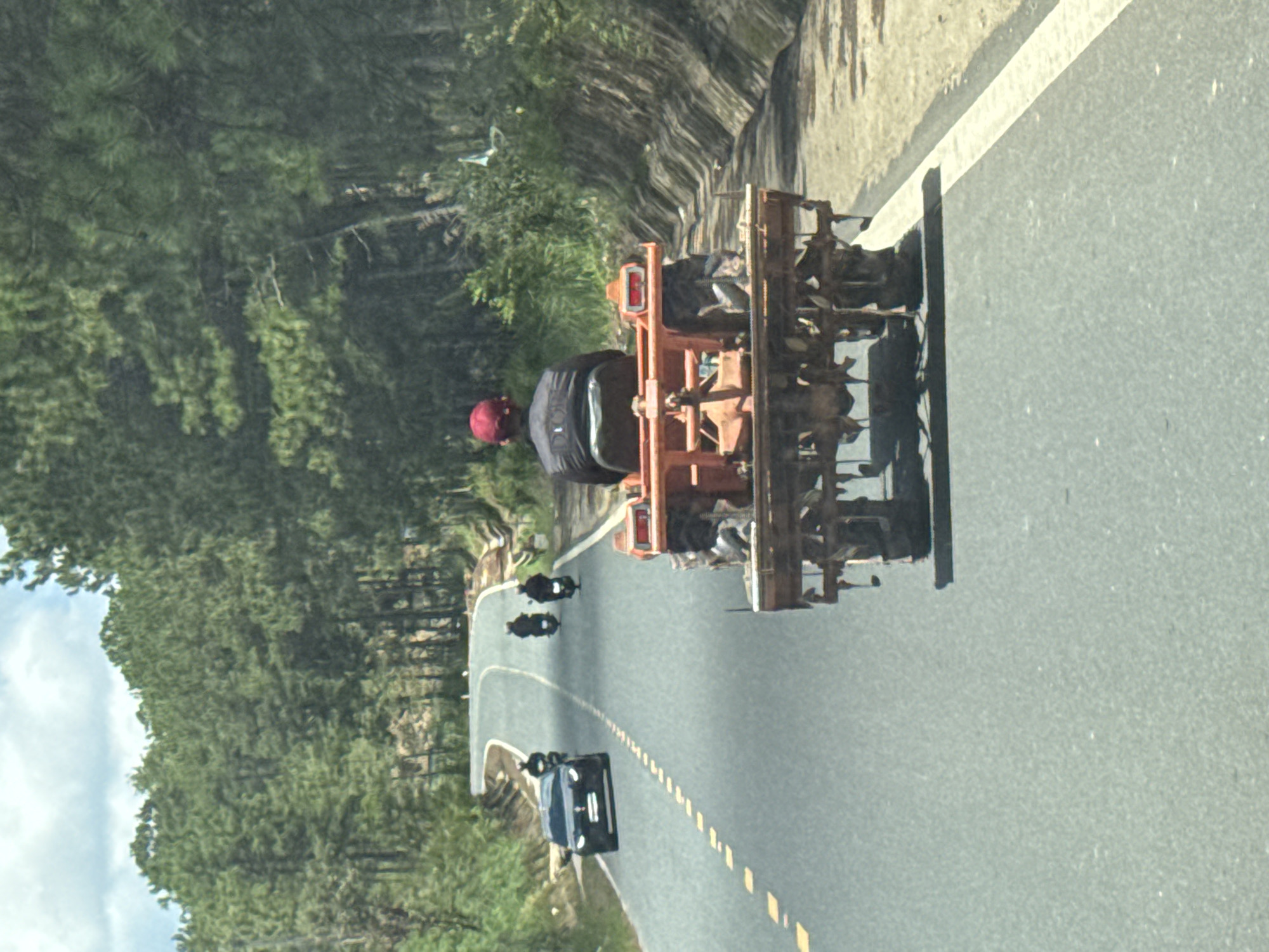 A man wearing a red cap and a black vest with the "DIOR" logo is operating a small, orange tractor on a paved road in Thôn 6, Vietnam. The tractor has a tilling attachment on the back. The road is winding through a forested area with tall pine trees. There are other vehicles on the road, including a black car and several motorcycles. The sky is partly cloudy.