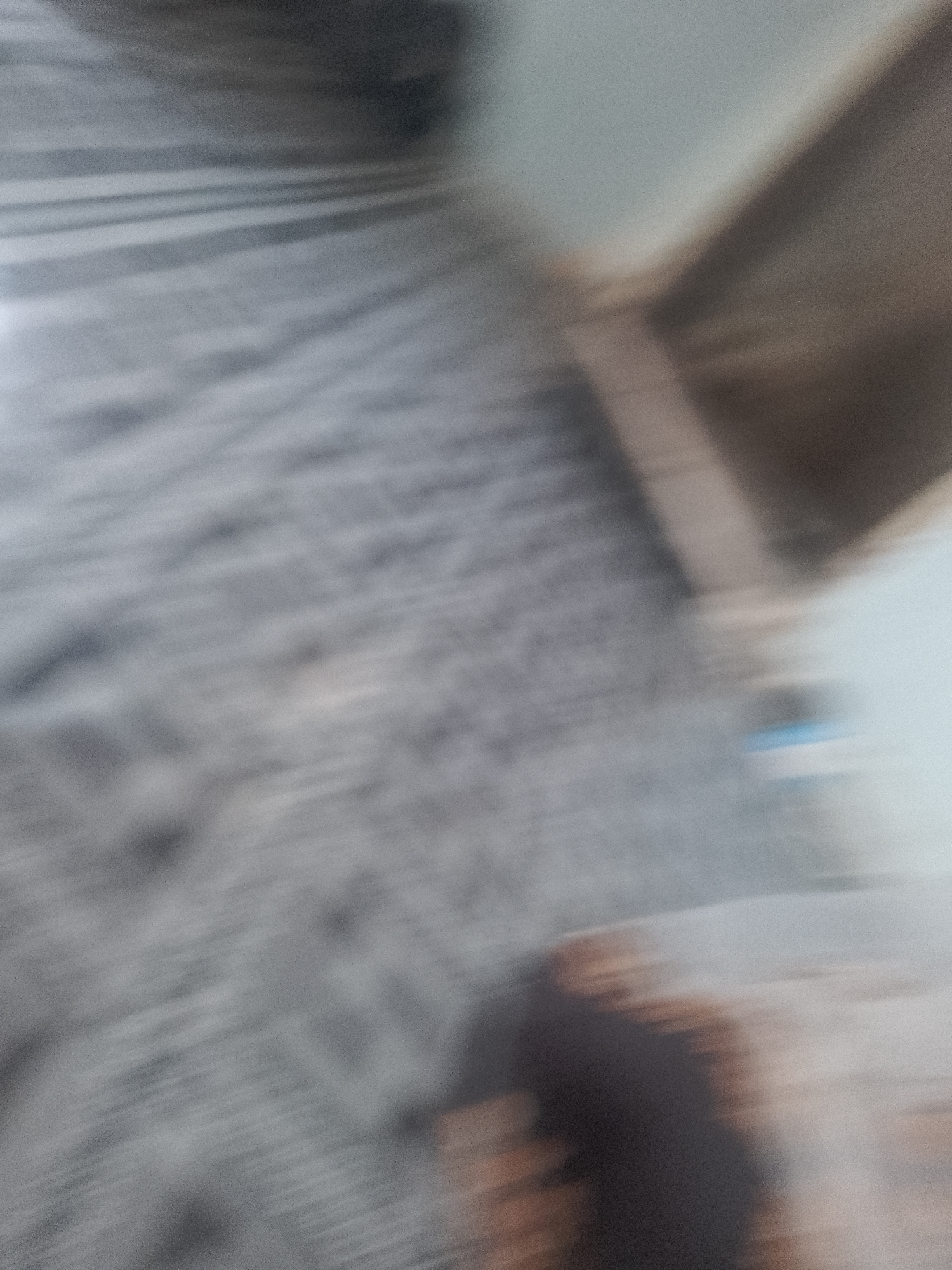The image shows a blurry, low-resolution view of what appears to be a person from the waist up, wearing a dark shirt, and standing on a patterned floor. The background consists of blurred shapes and textures, with a diagonal line that could be a wall or furniture. The overall impression is that of a candid, motion-blurred photograph.