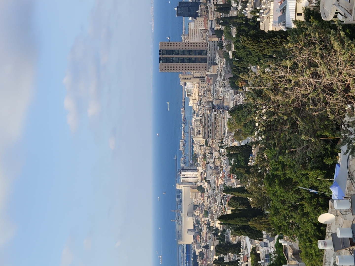 This is a wide-angle, eye-level shot of the city of Haifa, Israel, taken from an elevated position overlooking the coastline. The foreground is dominated by lush green trees, including mature cypress and pine varieties, some with dry, intertwined branches. In the immediate foreground, on the right, a rounded rooftop structure is visible, while on the left, several white cylindrical objects and a satellite dish are perched on rooftops. A blue tarp is also visible in the foreground.
Beyond the trees, the urban landscape of Haifa unfolds. Numerous buildings, mostly white and grey, with flat rooftops, are densely packed. Several taller, modern buildings stand out, including a prominent, multi-story brown and tan building with glass windows in the mid-ground, bearing a sign with Hebrew text. Further back, a large, white, industrial-looking structure with the word "TERMINAL" visible on its side suggests a port area.
The sea stretches out to the horizon, a calm, deep blue. Several cargo ships and smaller vessels are scattered across the water. The sky above is a clear, light blue, with a few scattered white clouds. The overall impression is a daytime scene, with the sun likely positioned to the left, casting soft shadows. The location is identifiable as Haifa, Israel, based on the distinctive architecture and the panoramic view of the port and cityscape. There are no people visible in the image.