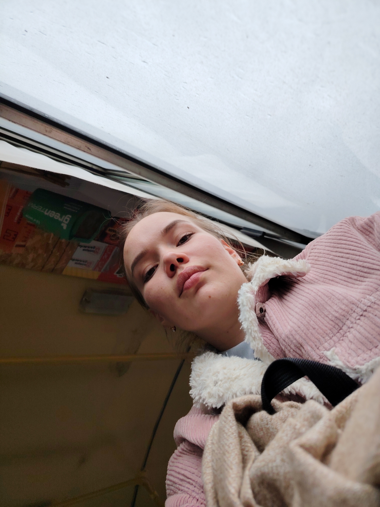 This low-angle, tilted selfie captures a young woman inside what appears to be a vehicle, possibly a bus or train, in Chaikovsky, Russia. The woman, likely in her late teens or early twenties, is positioned in the upper right of the frame, looking directly at the camera with a neutral, calm expression. She has fair skin and light hair, and is wearing a pink corduroy jacket with a fluffy white collar and cuffs over a light blue top. A black strap, possibly from a bag, and a light brown textured fabric (perhaps a blanket or scarf) are visible in the lower right foreground.
In the background, behind and to the left of her head, there is a stack of packages or containers. A prominent green box clearly displays the text "green TERM". The interior walls and ceiling of the vehicle are a utilitarian yellowish-brown, and a small, rectangular light fixture can be seen on the ceiling. The upper section of the image features a window, possibly a roof window or a high side window, showing an overcast sky with visible water droplets or condensation on the glass, suggesting rainy or misty weather. The scene depicts a casual moment of travel on a presumably cloudy day.