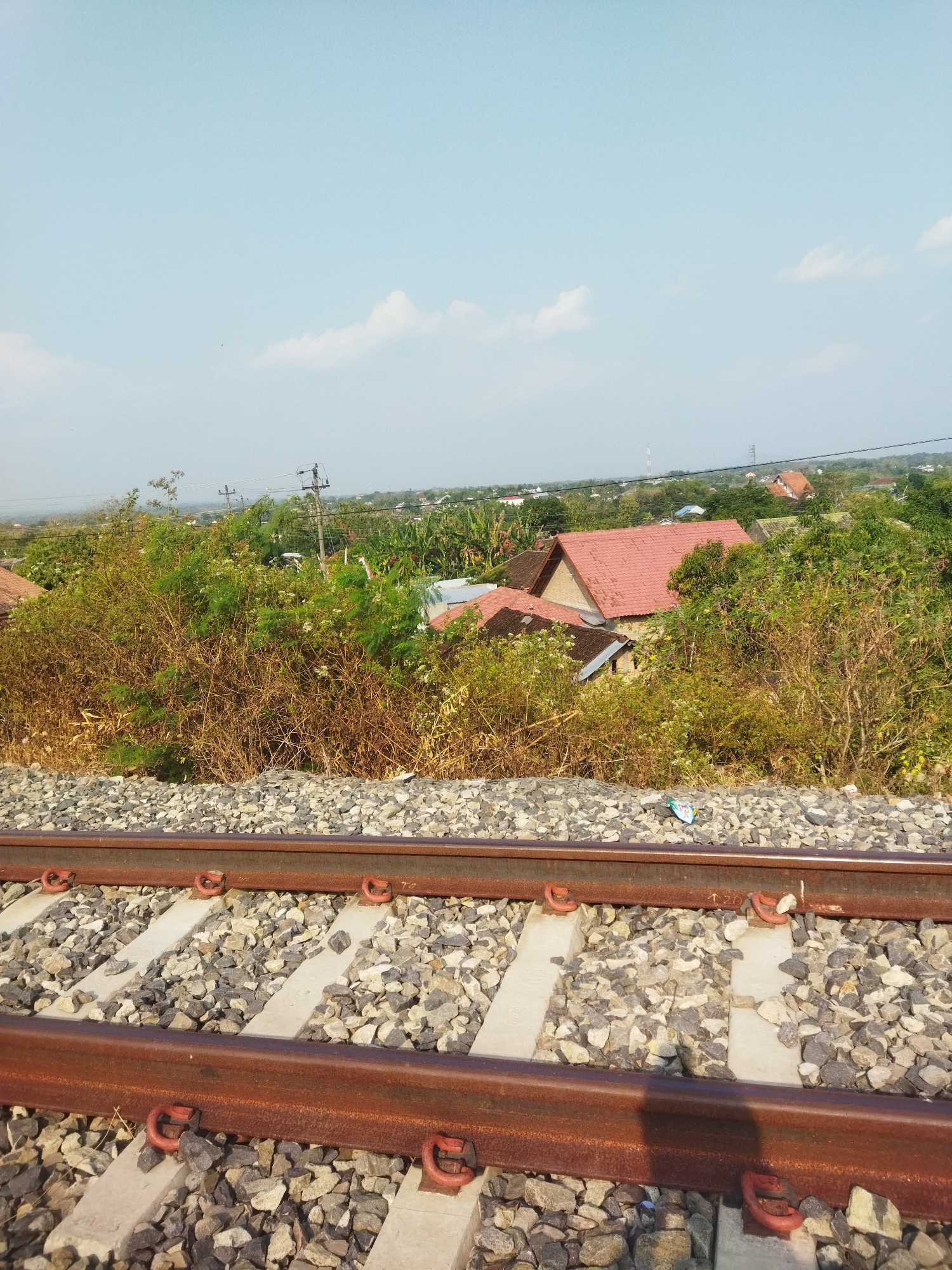 This is a photograph taken from a railway track in Wonogiri, Indonesia. The foreground is dominated by the rusty metal rails and the ballast stones that form the track bed. The tracks run horizontally across the frame, with concrete sleepers visible beneath the rails.
Beyond the railway line, the mid-ground features a dense cluster of green and brown foliage, including trees and bushes. Some of these bushes appear dry and overgrown, with visible branches and smaller leaves. Interspersed within the vegetation are the roofs of several houses, predominantly with red tiles. Some of these houses are partially obscured by the greenery. In the background, the landscape recedes into a hazy, distant view of more vegetation and scattered buildings. The sky is a pale blue with a few wispy white clouds. A single utility pole with wires is visible amidst the trees on the left side of the image. The overall impression is of a rural or semi-rural setting.
