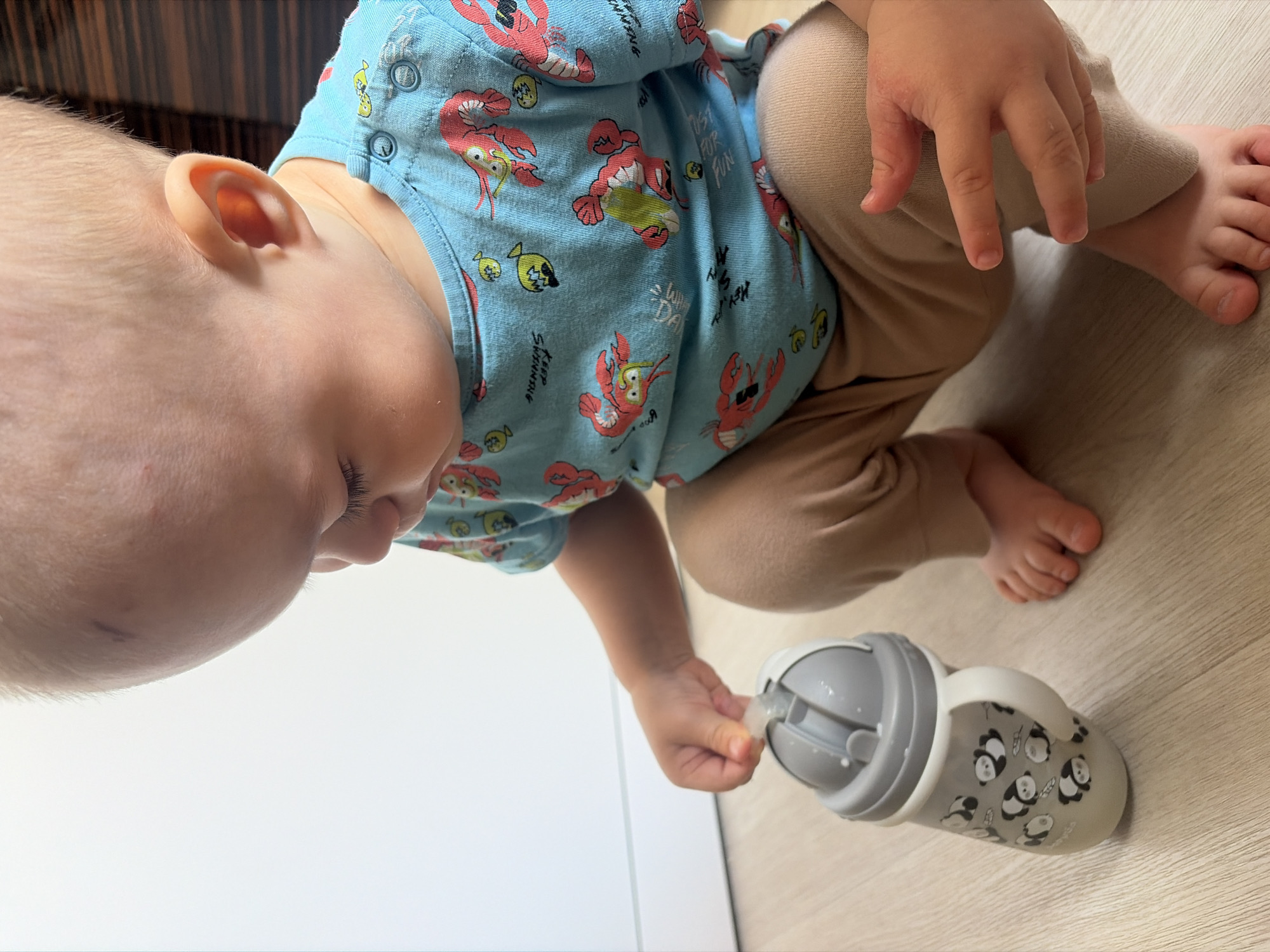 A toddler in a light blue, long-sleeved shirt with cartoon lobster and fish designs, and beige pants sits on a light-colored floor in what appears to be a home. The toddler is examining the soft spout of a gray sippy cup with panda bear designs. The exact location within the city of Chaikovsky, Russia, is indeterminable.