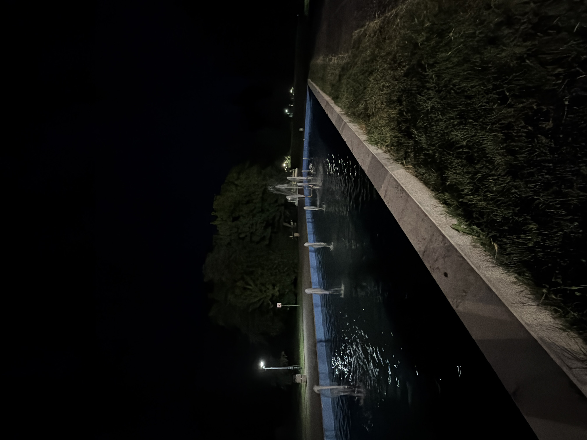 This is a nighttime exterior shot of a long, rectangular fountain in the city of Burgas, Bulgaria. The fountain is filled with dark water, and several thin jets of water are actively spraying upwards from its surface. The fountain is lined with a light blue coping and a concrete edge. To the left of the fountain, a single lamppost illuminates a grassy area and a pathway. In the background, a dense cluster of trees creates a dark silhouette against the night sky. Further in the distance, faint lights suggest the presence of buildings or other urban features. The right side of the image shows a grassy slope leading away from the fountain.