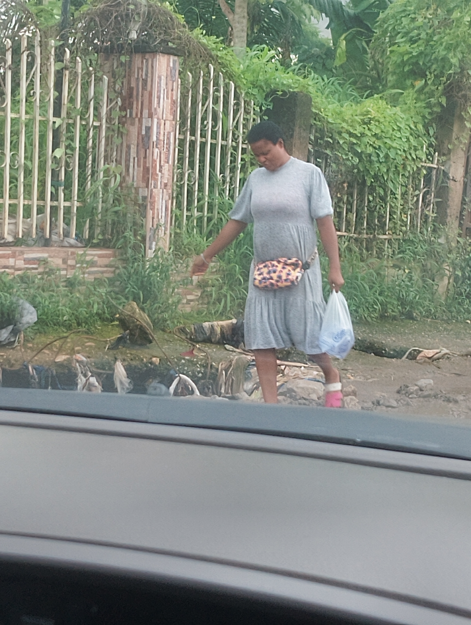 A full-body shot, captured from a slightly low angle, shows a Black woman walking in what appears to be a flooded or muddy area, likely in the city of Iju, Nigeria. The woman is wearing a light gray, tiered dress with short sleeves. Around her waist, she has a leopard-print fanny pack. She is carrying a white plastic bag in her right hand and is wearing bright pink footwear on her feet.
The background consists of lush green vegetation and trees. A decorative fence, made of vertical metal bars and a textured pillar, runs along the left side of the image. The ground in front of the woman is littered with various forms of debris, including plastic bags, plastic bottles, and other refuse, suggesting an unkempt urban environment. The overall impression is of a street scene with signs of poor sanitation.