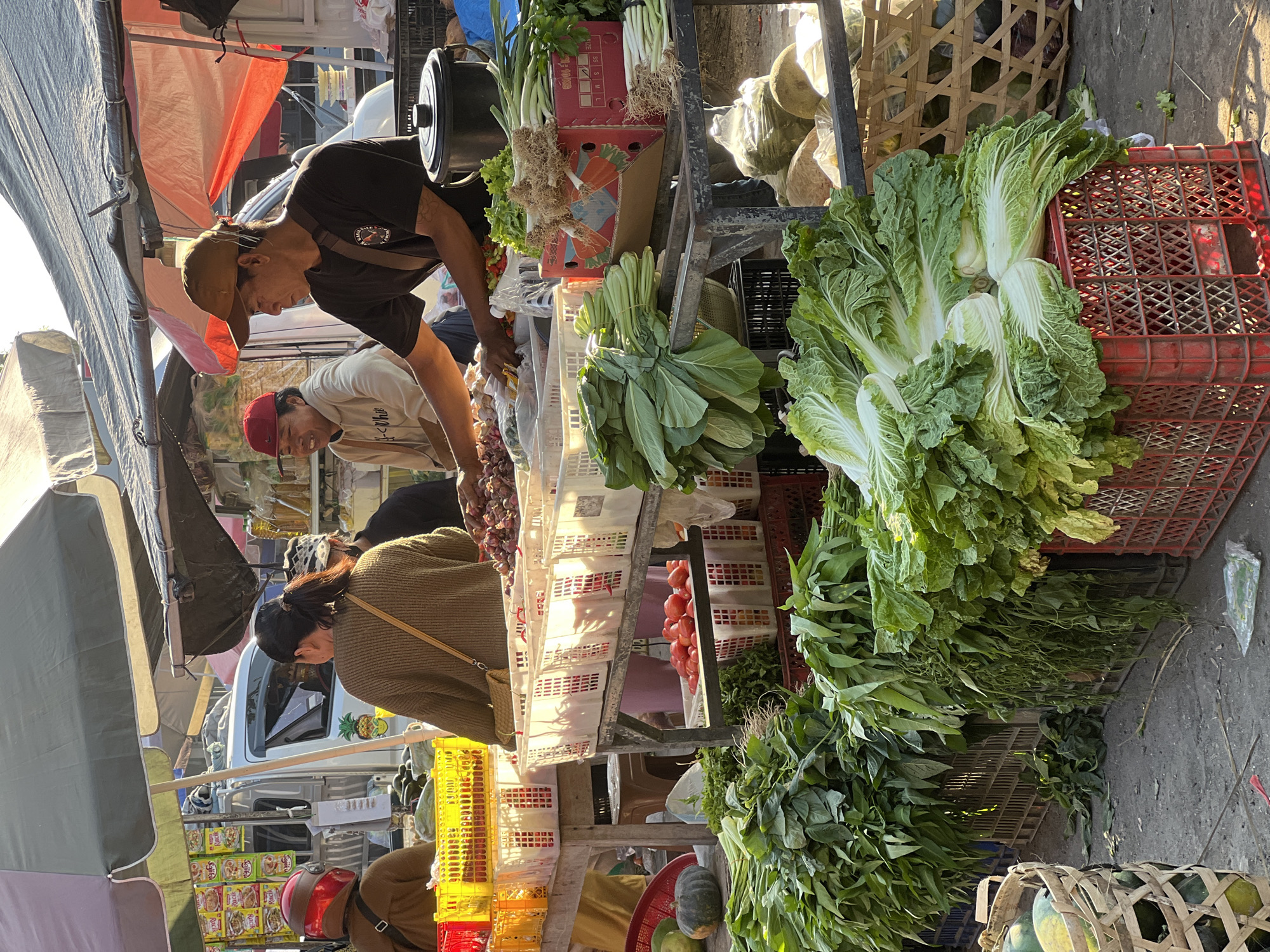 The image depicts an outdoor market scene, likely in Ubud District, Indonesia, with a focus on fresh produce. The foreground is dominated by large bundles of leafy green vegetables, including what appears to be Napa cabbage, arranged in red plastic crates. Behind these, a metal shelving unit displays various vegetables such as tomatoes, onions, and green onions, as well as some packaged goods. A man wearing a brown baseball cap and a dark t-shirt is seen behind the produce stand, appearing to be arranging or selling items. To his left, another man in a red cap and light-colored hoodie is smiling. In the background, a woman in a brown sweater faces away from the camera, and a person in a red helmet is visible on the far left. Several umbrellas and awnings provide shade over the market stalls, and a white truck is parked behind the stalls, suggesting a busy market environment. The overall impression is one of a vibrant, local food market.