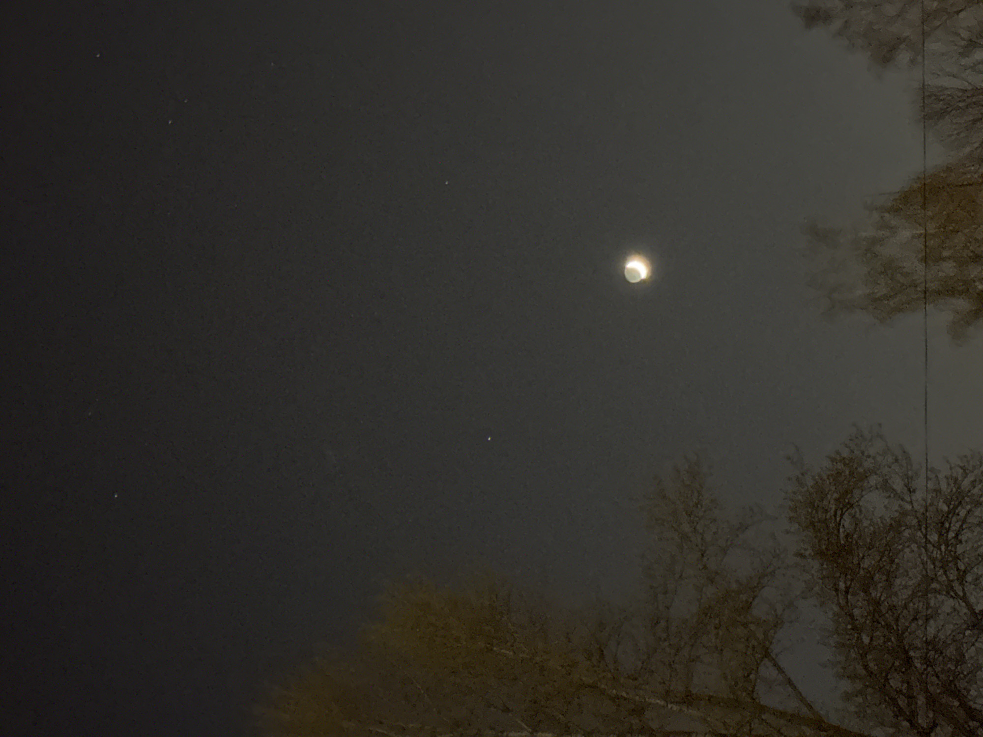 The image depicts a dark, hazy night sky, likely observed in Saint Petersburg, Russia. The most prominent celestial body is a bright, glowing orb in the upper-middle right, which appears to be the Moon. It exhibits significant light bloom, partially obscuring its true shape, but suggests a crescent or partially illuminated phase, possibly distorted by atmospheric conditions or camera effects.
Scattered across the dark sky, particularly in the upper-left quadrant and near the moon, are a few very faint, pinprick-like white dots, consistent with distant stars or dust on the lens/sensor. However, their scarcity and indistinctness suggest significant light pollution or atmospheric haze.
In the lower right portion of the frame, and subtly in the lower left, silhouettes of bare tree branches are visible against the slightly lighter upper sky. These leafless branches suggest a cold season, such as late autumn or winter. The overall lighting indicates it is nighttime, with the Moon providing the primary illumination. There is no visible text in the image.