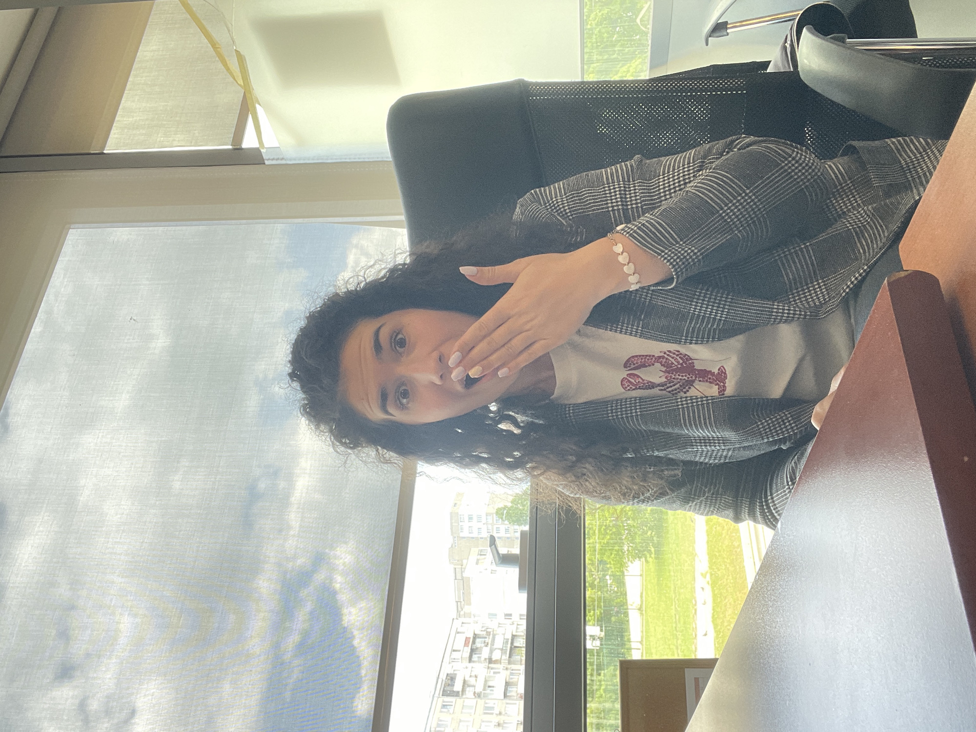 A woman with curly dark hair is sitting in an office chair wearing a grey and white plaid blazer over a white t-shirt with a red lobster design. She has a heart-shaped pearl bracelet on her left wrist, and her left hand is covering her mouth, suggesting surprise or shock. Her expression shows wide eyes and slightly parted lips.
She is seated next to a window overlooking a cityscape and green lawn. Through the window, several apartment buildings are visible. The window has a sheer white shade partially drawn, with a second layer of shade or blind behind it. The photograph was taken indoors, with a corner of a wooden desk visible in the lower right.
Based on the style of architecture and overall landscape, the location is most likely Sofia, Bulgaria.