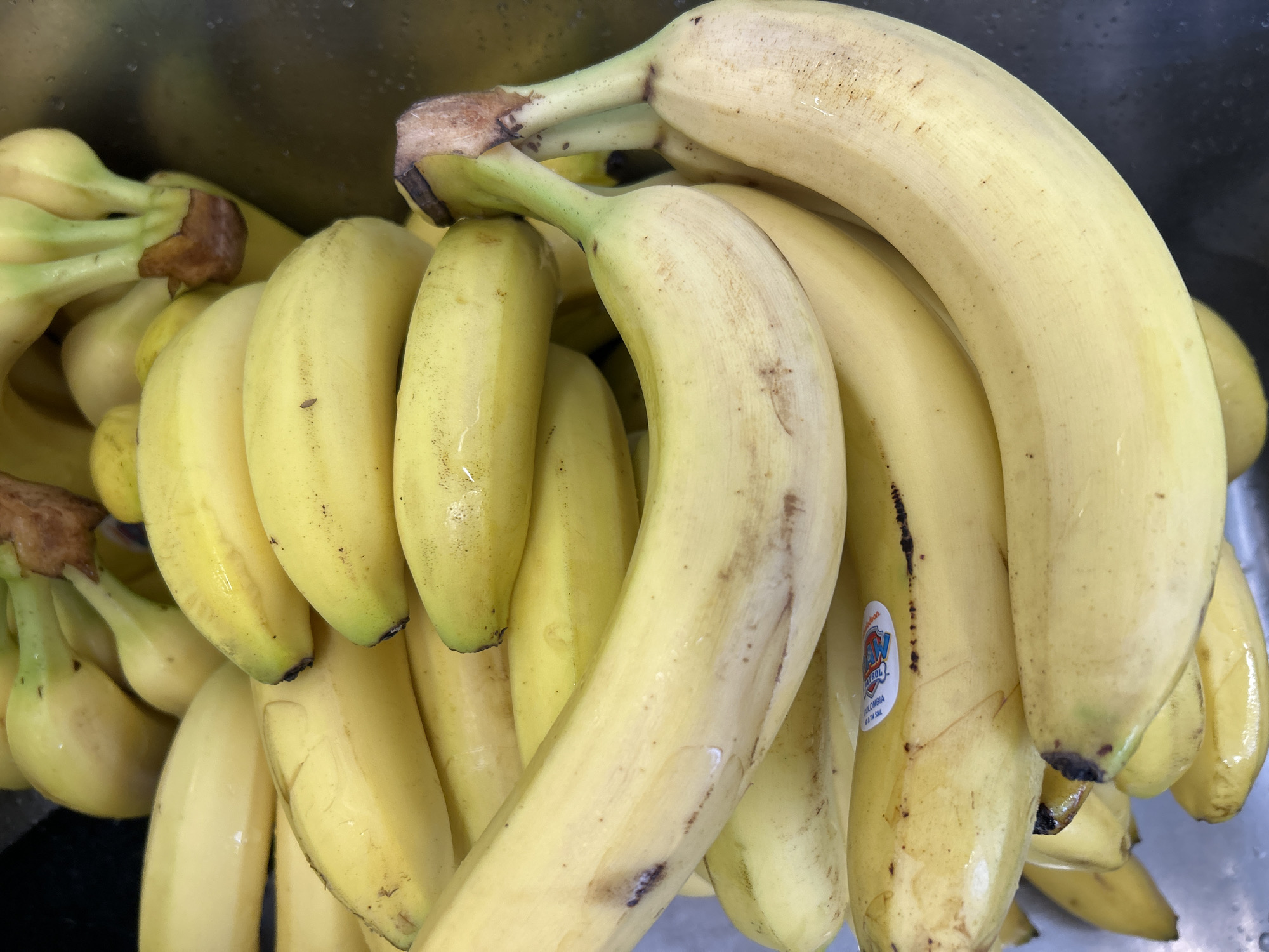 The image shows a close-up, overhead view of a pile of ripe bananas. The bananas are a bright yellow with some brown spots, indicating ripeness. They are piled together in a way that suggests they are being stored or prepared for use. The lighting is somewhat dim, and the background appears to be a dark, wet surface, possibly a sink or countertop. There are no people or any other identifiable objects in the scene. The image does not provide any information or context that would allow for its localization in Detmold, Germany, or any other specific location.