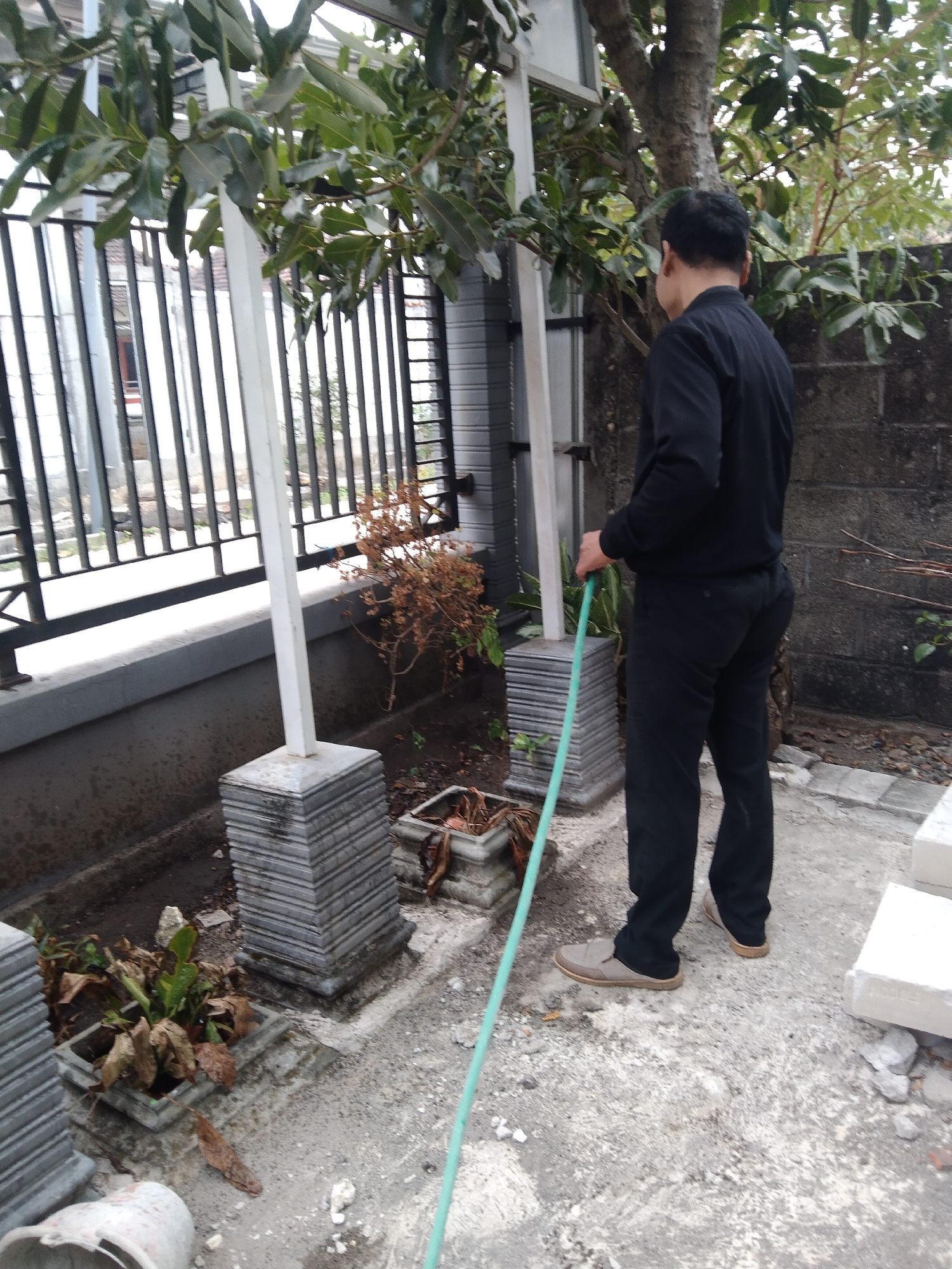 In Ngujung, Indonesia, a man in a black long-sleeved shirt and black pants stands on a paved outdoor area, holding a light green hose. He is facing away from the camera, looking towards a fence and foliage. In the foreground, there are several grey, tiered square planters, some containing dry brown leaves and sparse green plants. A white bucket is partially visible in the lower left corner. The background features a brick wall, a tree, and a metal fence. The ground is a mix of concrete and dirt.
