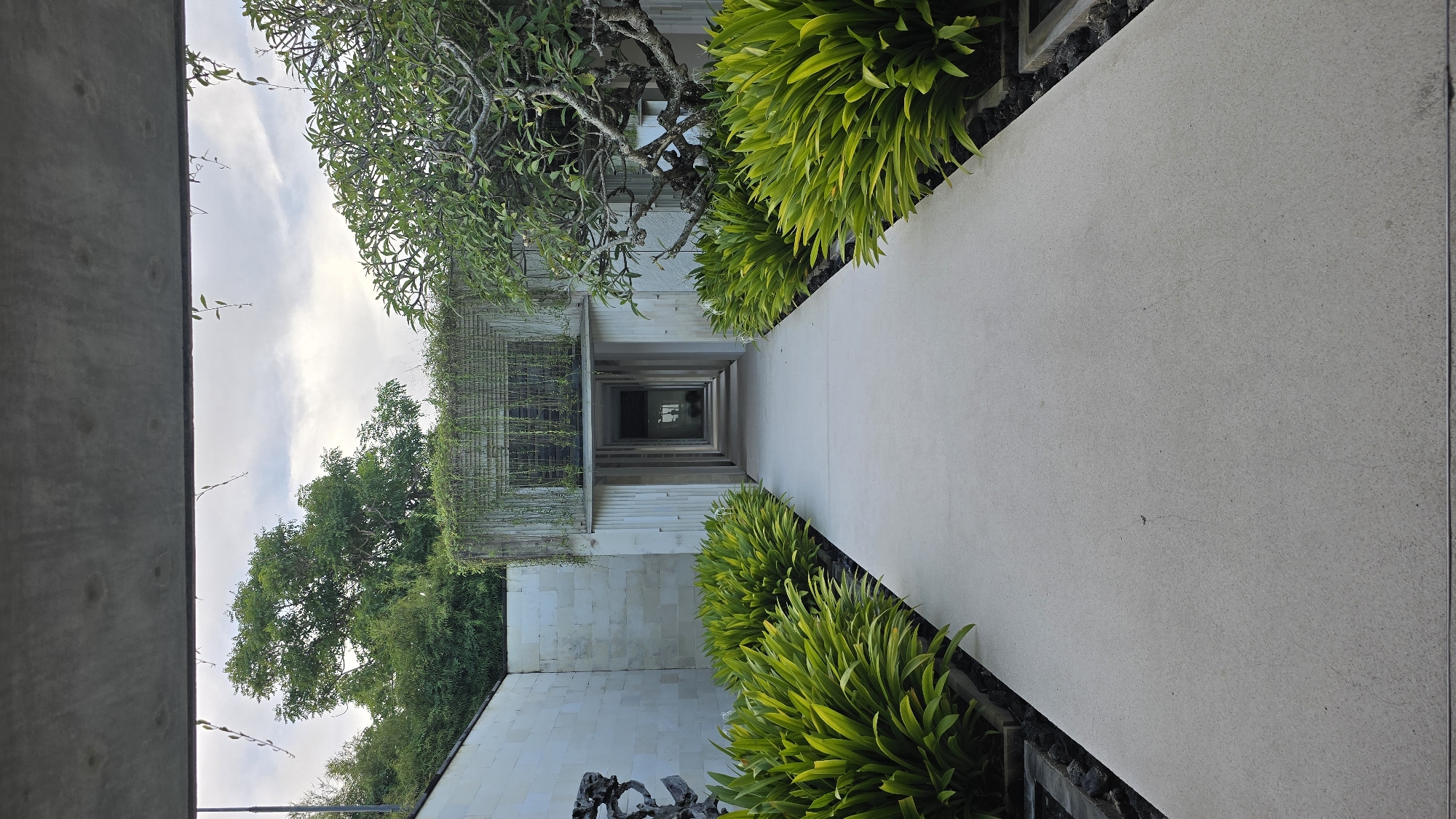 The image depicts a narrow outdoor walkway in Kuta Selatan, Indonesia, flanked by lush greenery and modern architectural elements. The walkway is made of light-colored concrete, leading towards a building with a rectangular opening at the end. Dense, green plants grow along both sides of the walkway, adding a tropical feel. The walls on either side are constructed from white stone blocks, some covered in climbing vines. Above, glimpses of the sky are visible between trees and building structures. The overall atmosphere is tranquil and evokes a sense of secluded beauty.