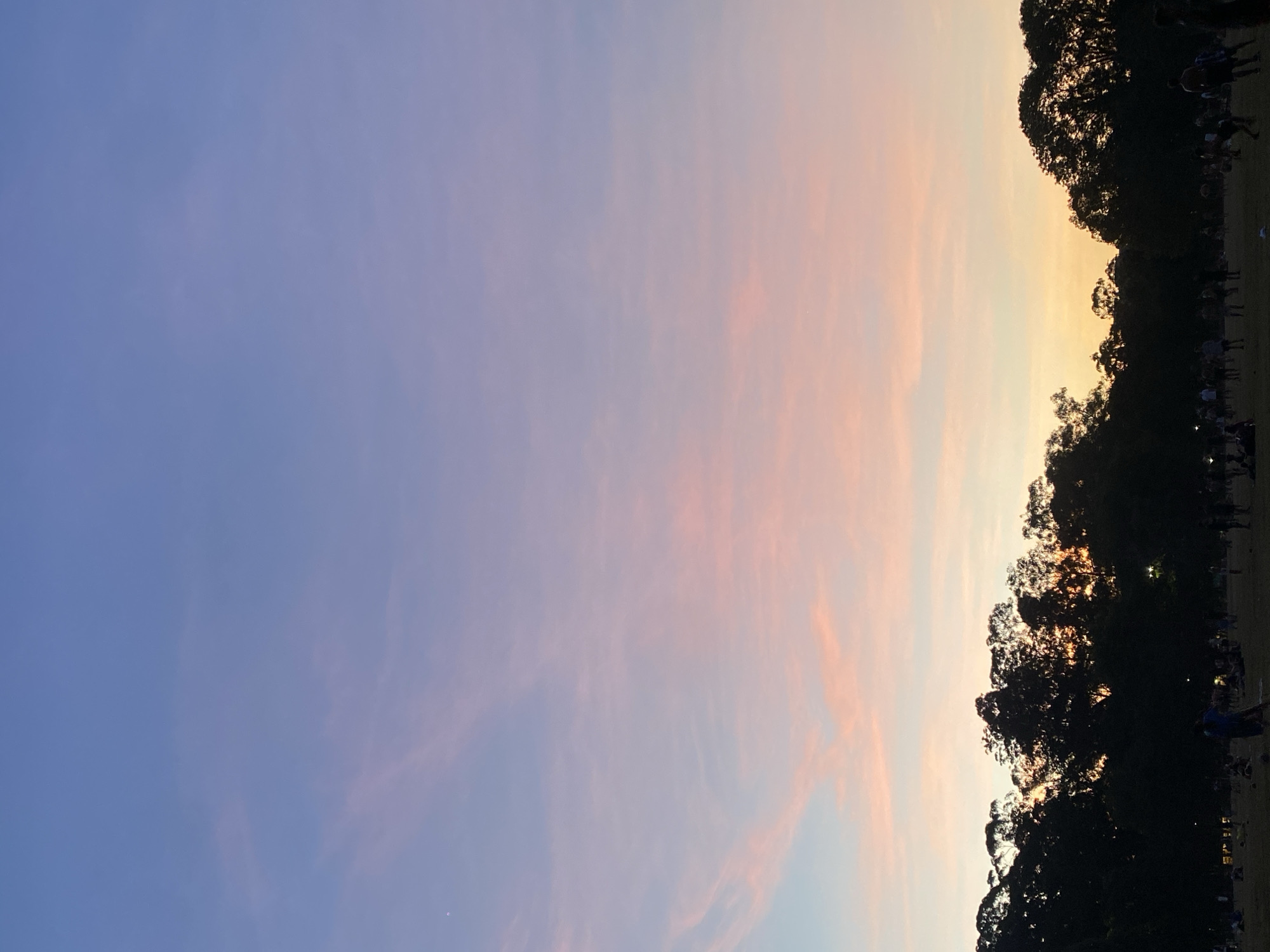 The image captures an outdoor scene at either sunset or sunrise, dominated by a vibrant sky displaying a gradient of colors. The sky transitions from a deep, clear blue on the left to soft lavender, pink, and warm orange-yellow hues on the right. Wispy, delicate clouds are scattered throughout the colorful expanse, catching the ambient light.
Along the right side of the frame, a dense silhouette of trees forms a natural horizon line, suggesting a park or wooded area. These trees are heavily foliated, with their dark forms contrasting sharply against the bright sky, creating a dramatic visual effect. Below the treeline, a strip of ground, likely a field or grassy area, is visible.
Numerous small, indistinct figures, appearing as dark silhouettes, are scattered across this ground. They suggest a gathering of people, possibly engaged in leisure activities, socializing, or observing the scenic view. Their specific actions are not discernible due to the low light and distance, but their presence indicates an active outdoor environment. A few small, bright points of light, possibly artificial lamps, can be seen within the darker foreground area. A tiny white speck, possibly a star or the moon, is faintly visible in the upper left section of the blue sky.
The overall atmosphere conveys a sense of tranquility and natural beauty, characteristic of an evening or early morning outdoor setting in São Paulo, Brazil. No visible text is present in the image.