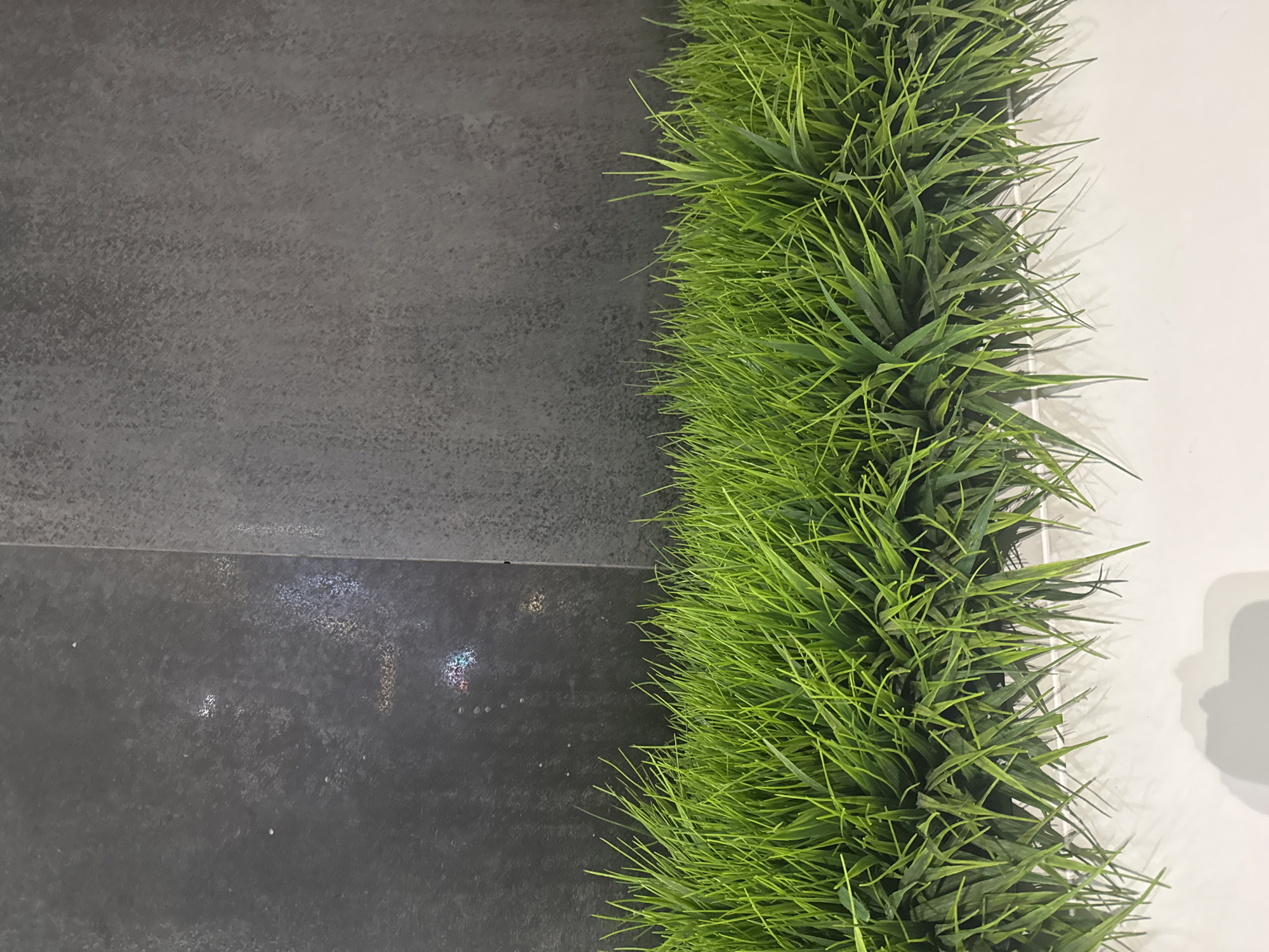 A close-up, vertical shot shows a border of bright green artificial grass against a dark, textured wall. The wall is divided into two sections, with the left side appearing slightly darker and having faint, scattered colorful reflections. The right side of the wall is a lighter shade of gray with a more uniform texture. The grass is densely packed and appears to be the primary subject, with its blades reaching upwards and slightly outwards. The bottom of the image reveals a white surface below the grass, upon which a shadow is cast. No people are present in the frame. The scene is indoors, given the lighting and wall material. The location in Bishkek City, Kyrgyzstan, cannot be determined from the visual information provided.