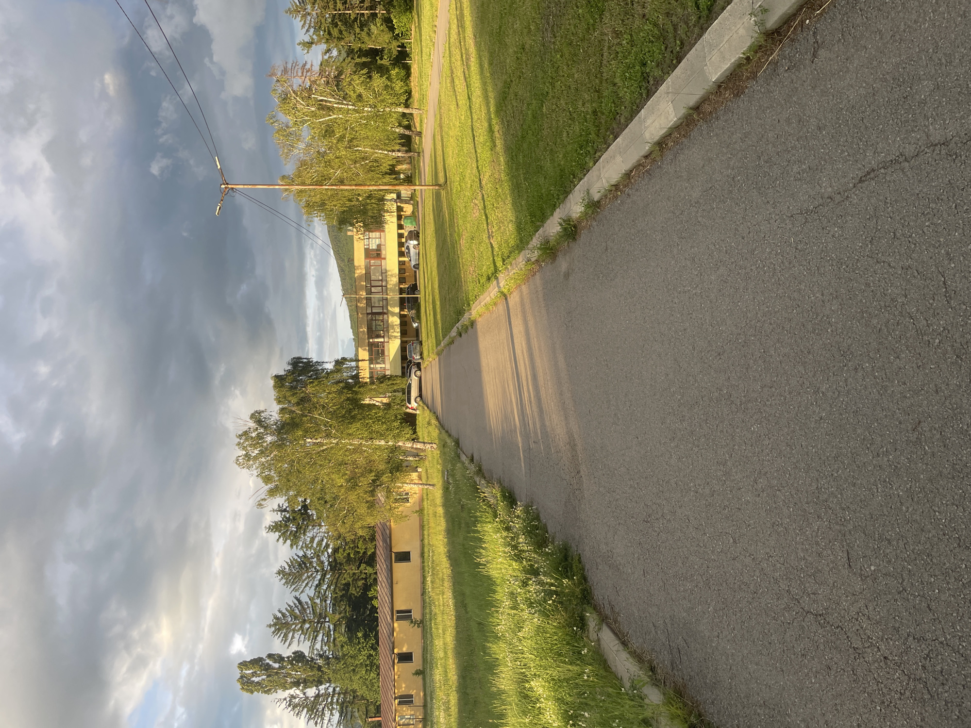 The image presents an outdoor landscape scene, likely in Ihtiman, Bulgaria, under a cloudy sky. A grey asphalt road or path runs diagonally from the bottom right to the middle left, bordered by a light grey concrete curb. To the left of the road, a strip of bright green grass with some small white flowers gives way to a broader expanse of well-maintained lawn.
The scene features a variety of trees, including tall, slender trees with light-colored bark (possibly birch) and darker, coniferous trees. These trees cast long shadows across the grass and road, suggesting the time of day is either early morning or late afternoon, with the sun low on the horizon. In the background, beyond the grassy area, several single or two-story buildings are visible. These buildings have light yellow or beige exteriors with dark roofs and dark-framed windows. A few cars, including a silver-grey vehicle, are partially visible parked near the buildings.
A wooden utility pole with a street lamp is positioned towards the upper left, extending into the sky, with power lines stretching across the frame. The sky is predominantly overcast with significant cloud cover, ranging from light to dark grey, indicating cloudy weather. No people or visible text are present in the image, contributing to a quiet and serene atmosphere.