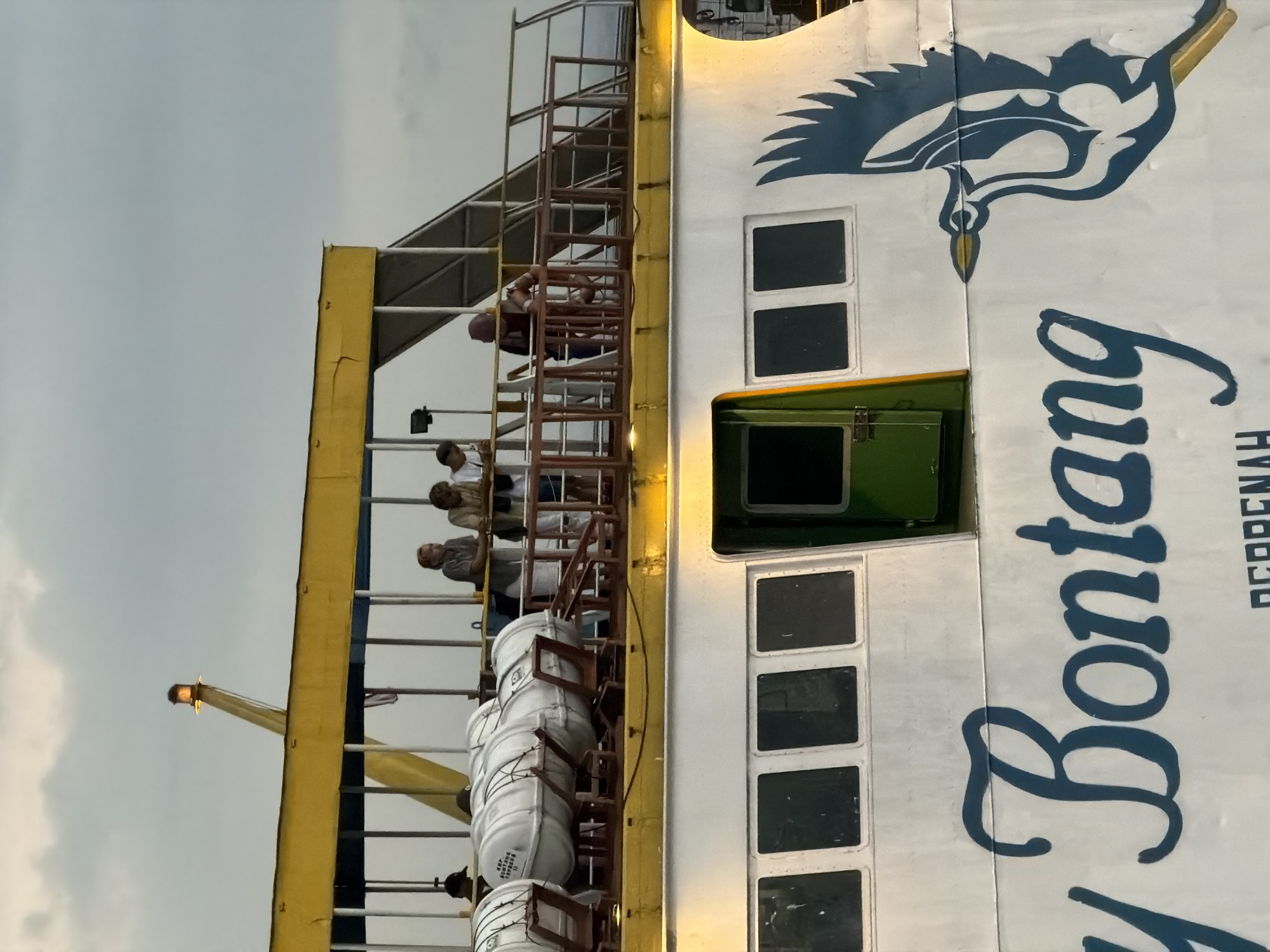 The image shows the side of a white ferryboat named "Lady Bontang" docked at a port in Melaya, Indonesia. The ferry has a prominent yellow upper deck with a railing, and several people are visible on this deck, some looking out towards the water. Liferafts are stacked on the upper deck. The ferry's hull features several rectangular windows and a green door. A large, stylized blue bird graphic is painted on the side of the ferry, just to the right of the name. The sky is overcast, suggesting either early morning or late afternoon. The overall scene depicts a typical harbor environment.