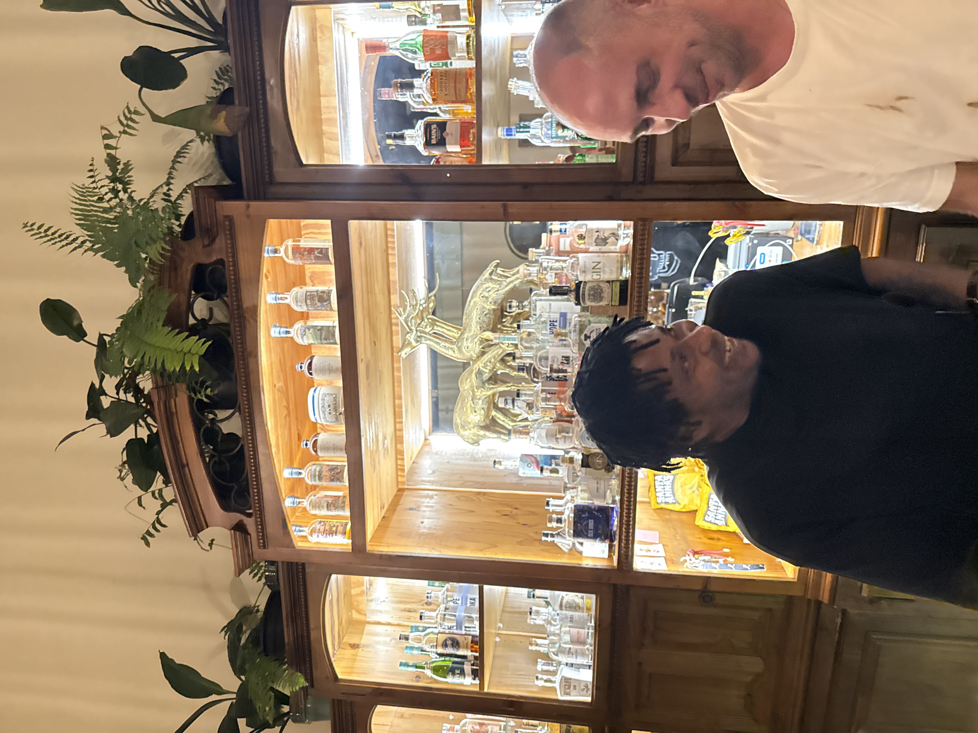 Two people are viewing the contents of a well-lit wooden cabinet, likely located in a bar or liquor store. The cabinet displays numerous bottles of alcohol, including gin and vodka, arranged on multiple shelves. A gold-colored decorative stag figurine is also present. The image is rotated counterclockwise. Based on the brand "Santa Anna" visible, it is possible that the location is in Cape Town, South Africa, as Santa Anna is a Cape Town-based company. One person is fair-skinned and wearing a white t-shirt, positioned on the right side of the frame and tilted downwards, partially obscuring the top of the cabinet. The other individual, with dark skin and dark hair, is wearing a black t-shirt and also looking at the cabinet's contents. Green plants and foliage decorate the sides of the cabinet.